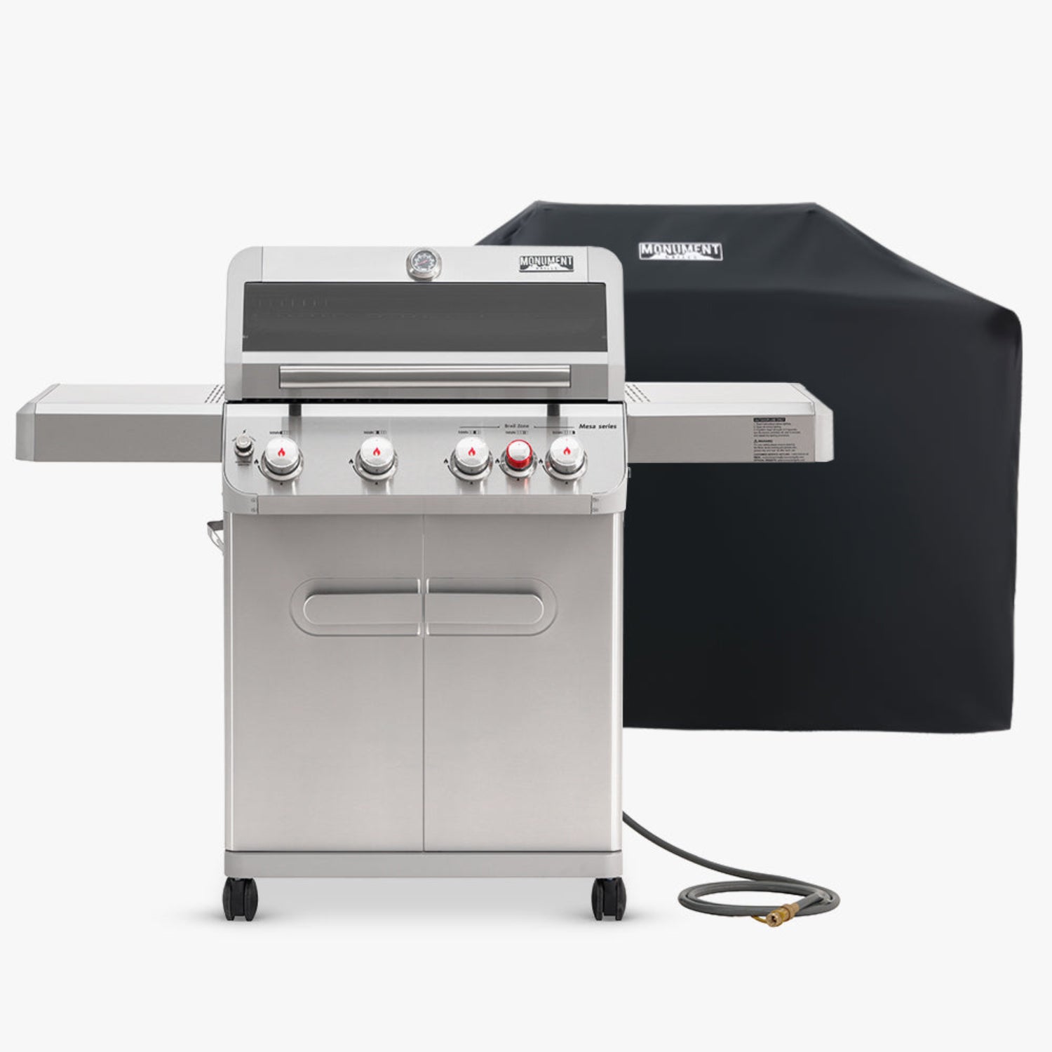 Stainless steel grill with black cover and hose on a white background