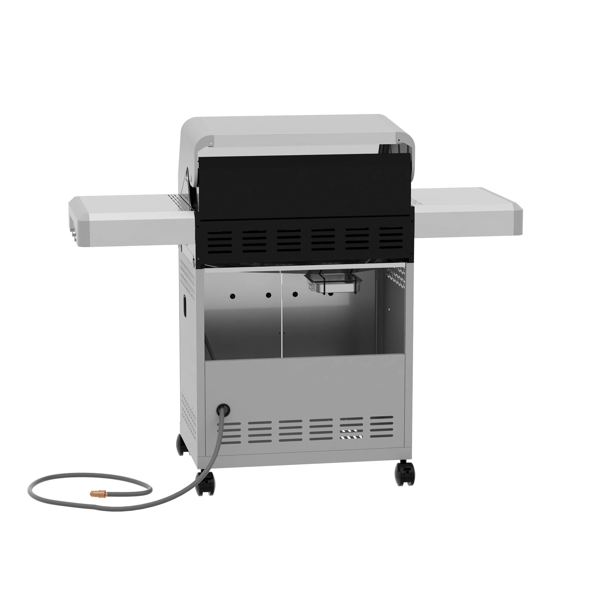 Portable grill on wheels with a hose attached on a white background