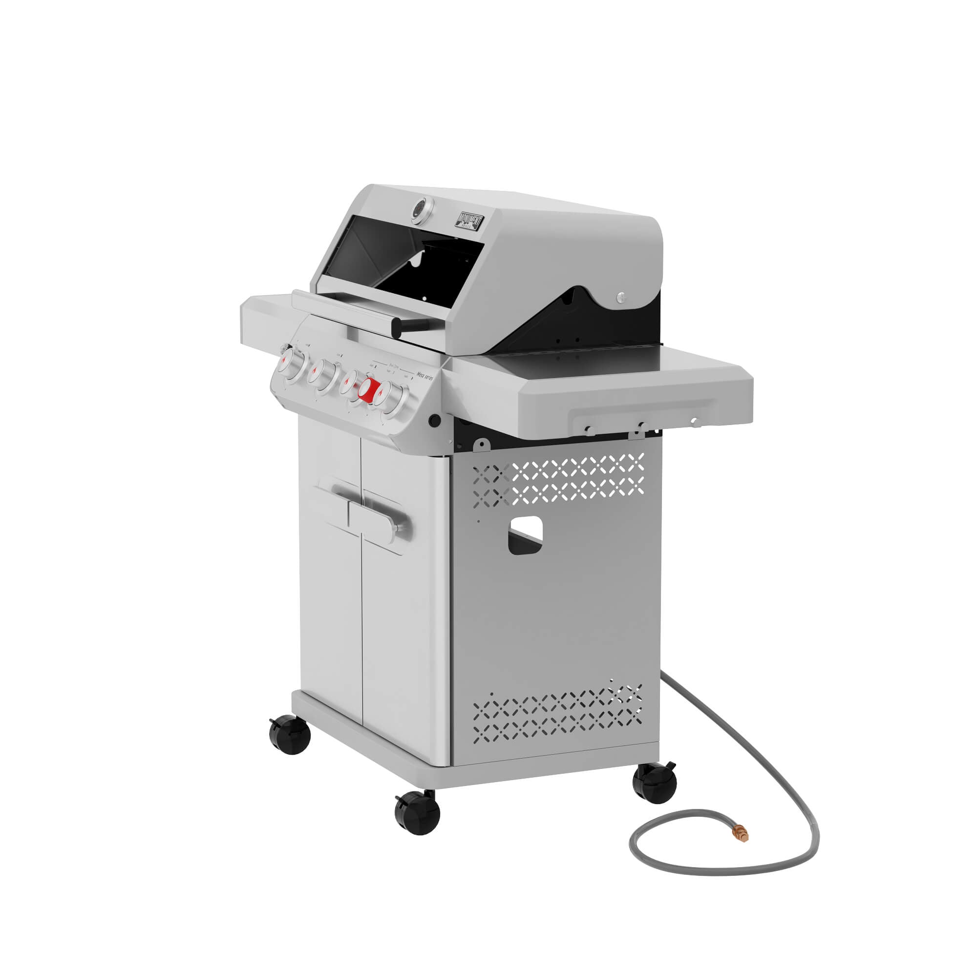 Commercial-grade grill on wheels with digital display and control panel on a white background
