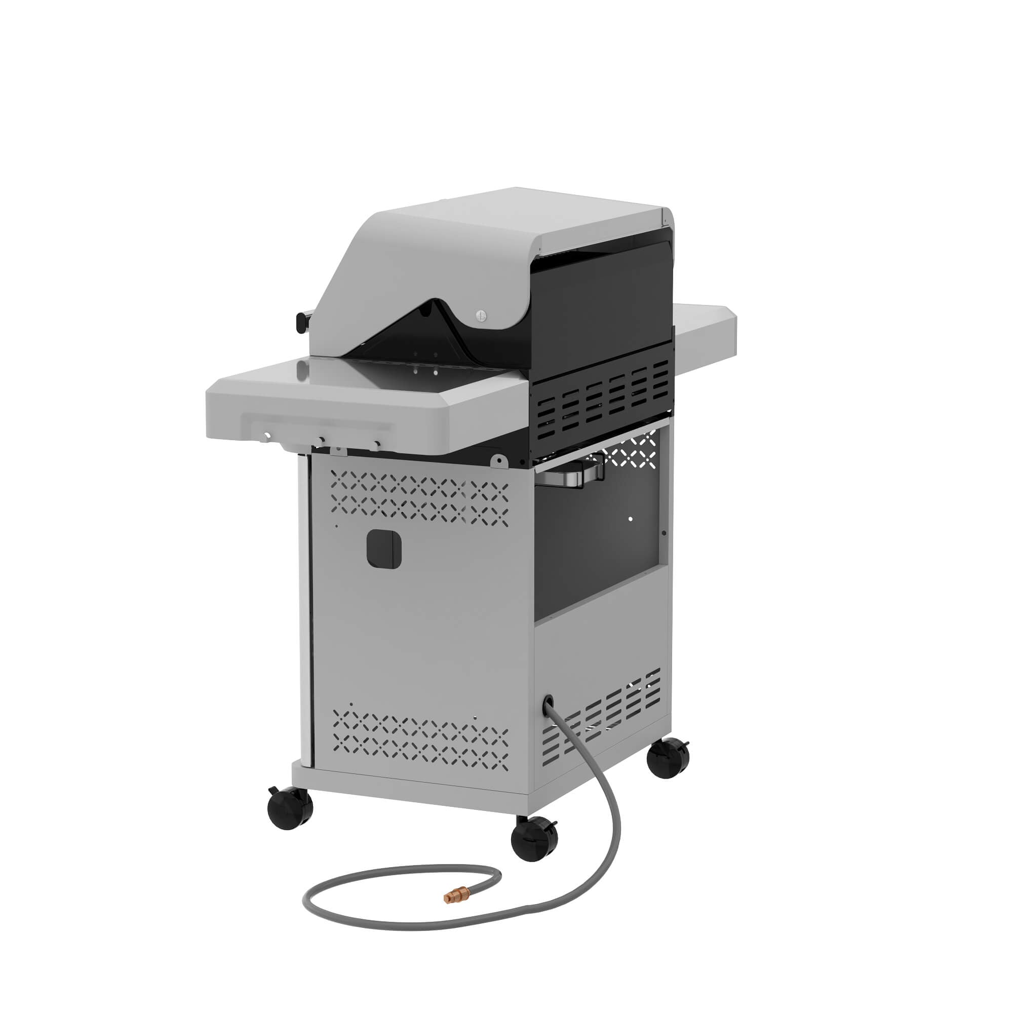 Portable outdoor grill on wheels with a hose attached on a white background