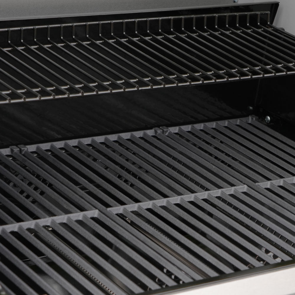 Close-up of a grill with two black grates on a white background