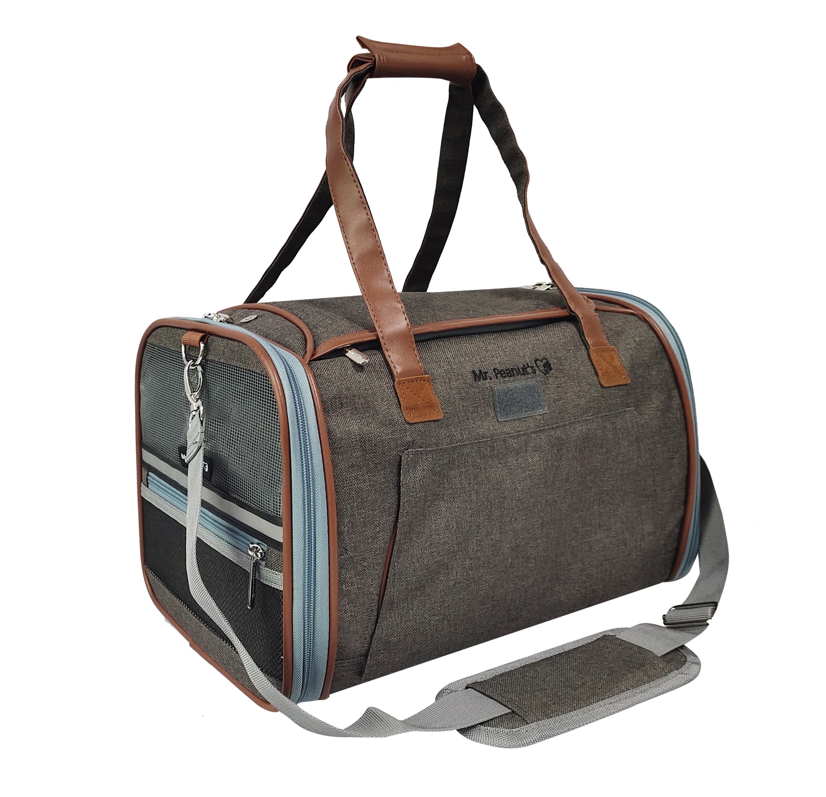 Gray pet carrier with brown straps on a white background