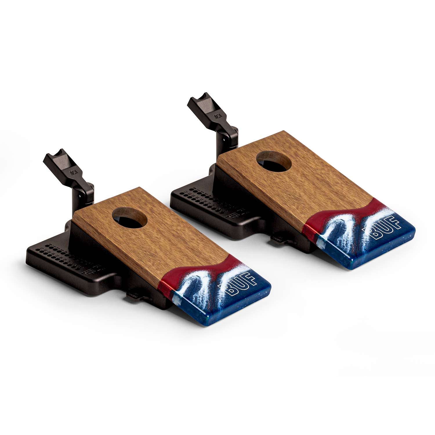Two wooden cornhole boards with blue and red designs on a white background