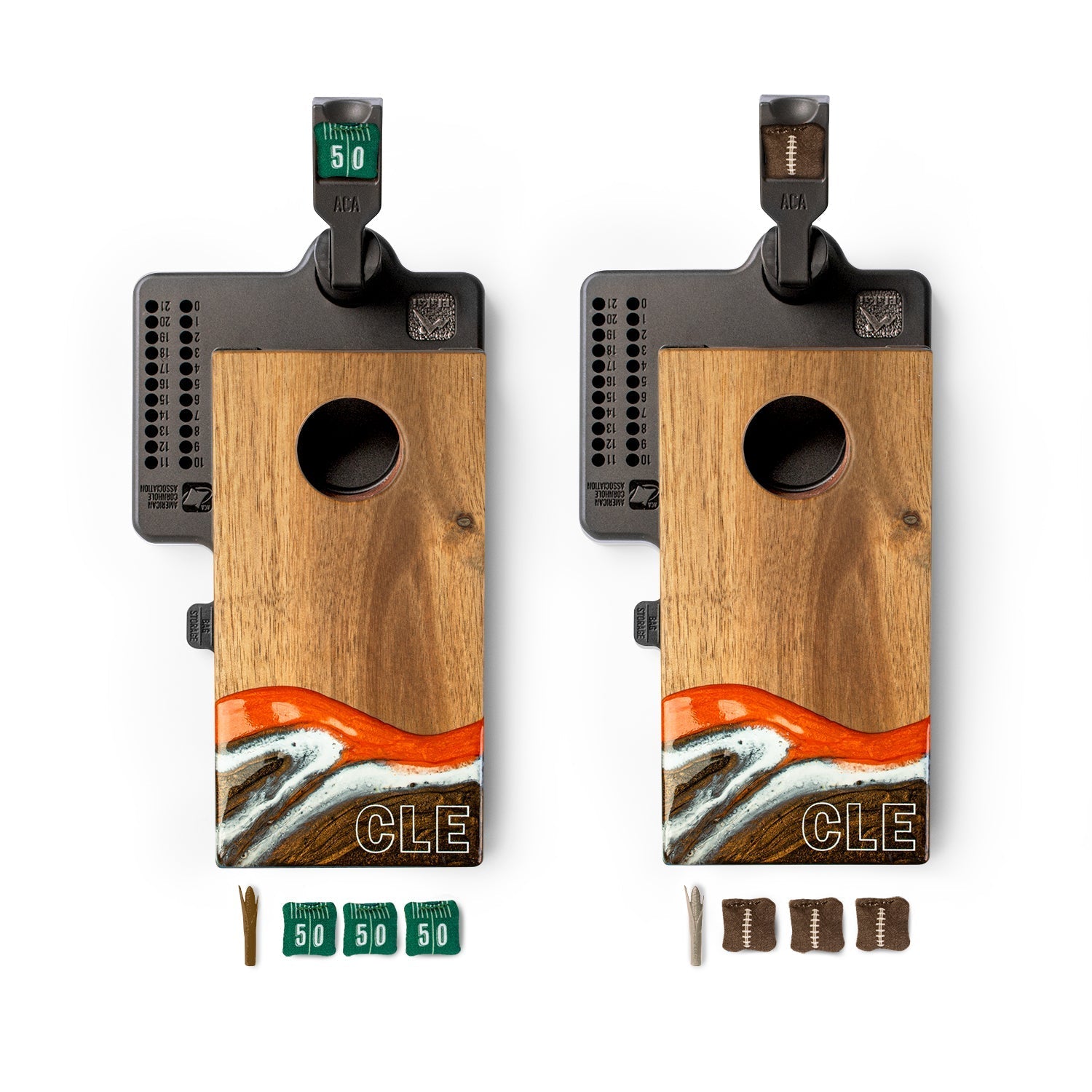 Two wooden cornhole boards with resin design and 'CLE' branding on a white background.