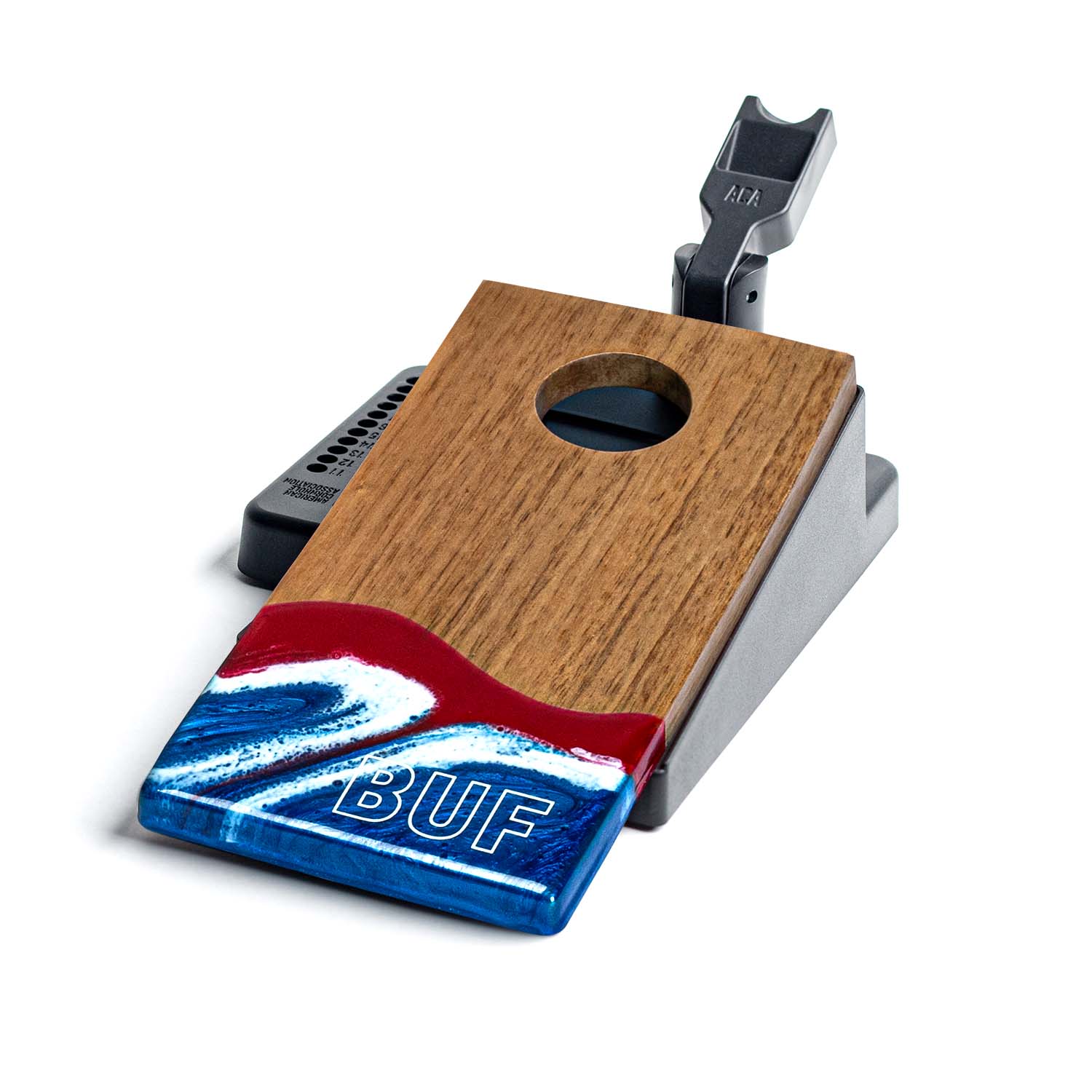 Wooden and metal device with 'BUF' branding on a white background
