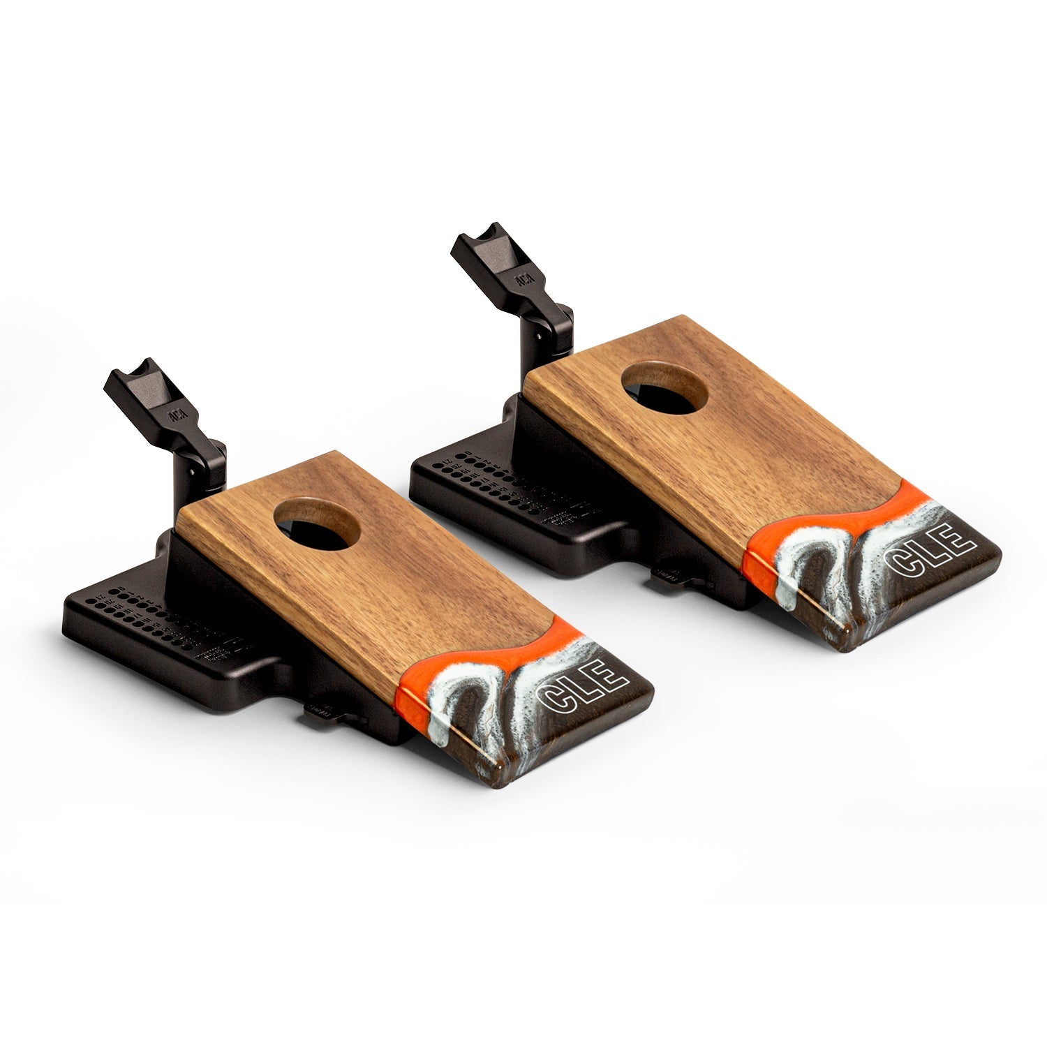 Two wooden archery bow sights with black plastic bases on a white background