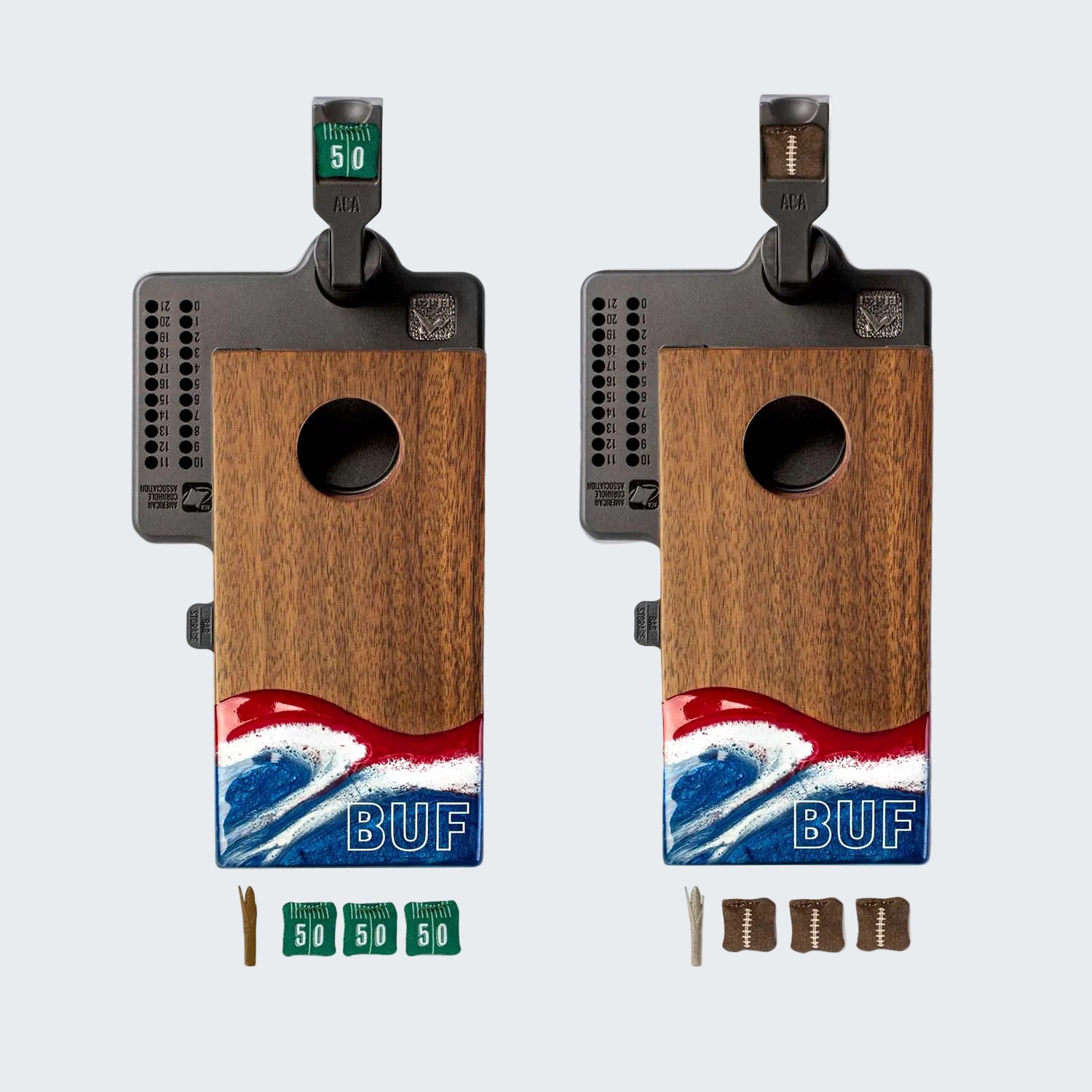 Two wooden cornhole boards with a 'BUF' design on a white background