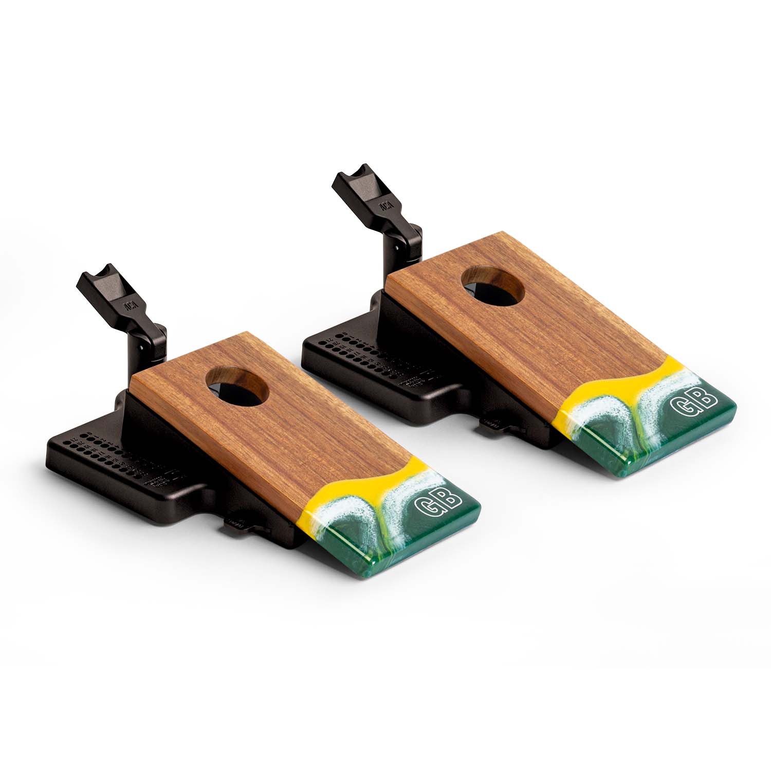 Two wooden gaming clip-on devices with black and green accents on a white background