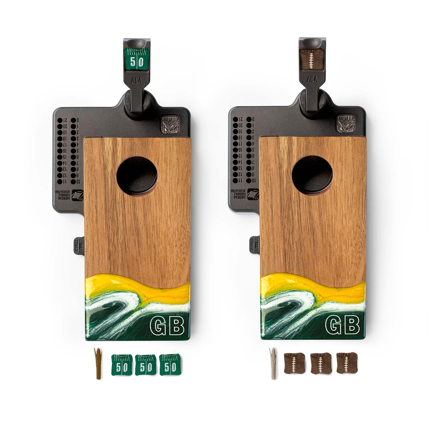 Two wooden archery bow stands with green and yellow design, accompanied by arrows and sight.