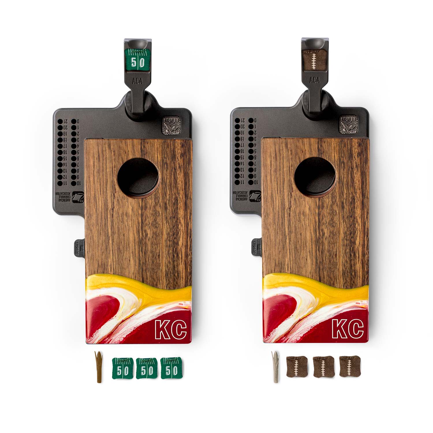Two wooden cornhole boards with a KC design, surrounded by cornhole bags on a white background.