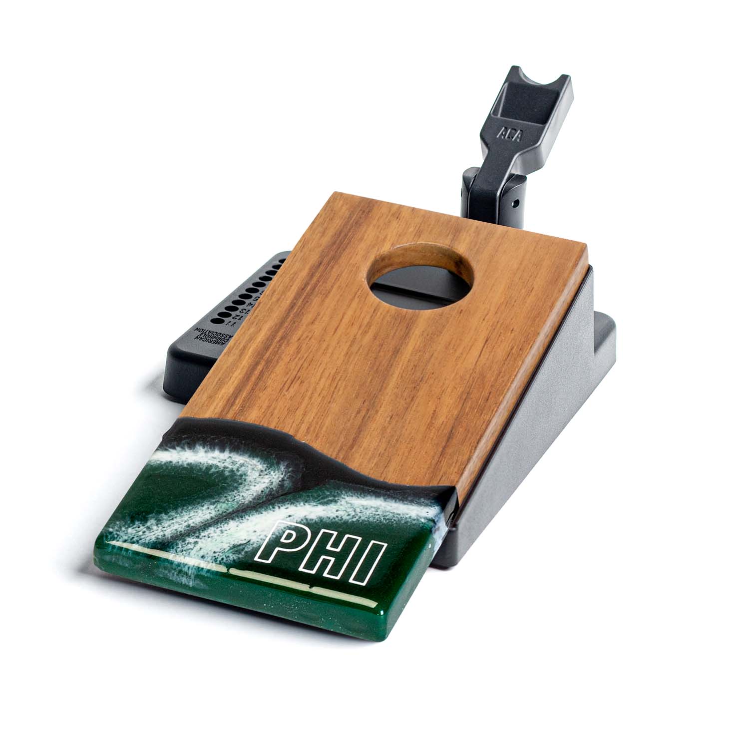 Wooden and metal device with 'PHI' branding on a white background