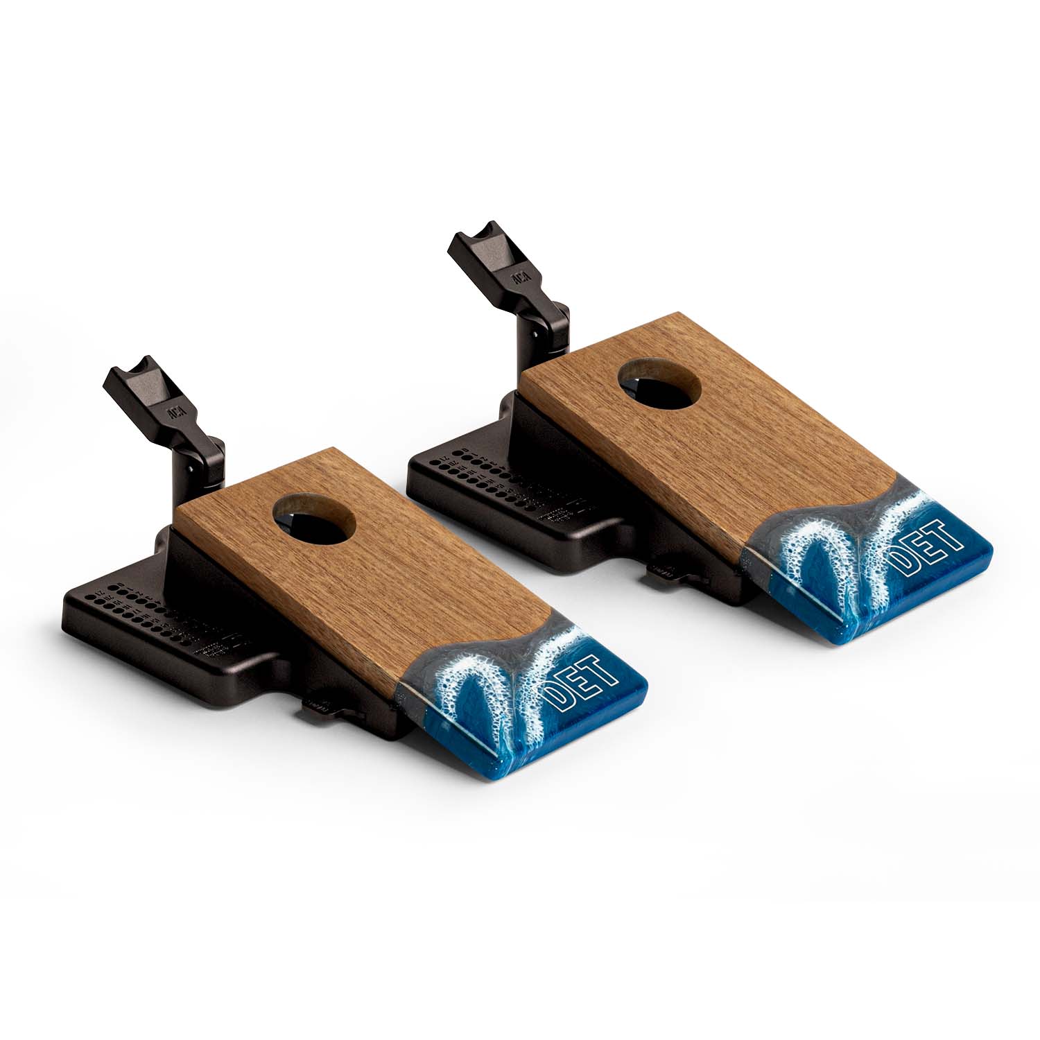 Two wooden brake pads with blue accents on a white background