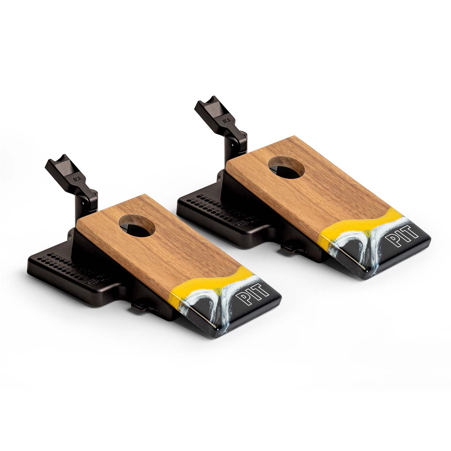 Two wooden putters with black and yellow accents on a white background