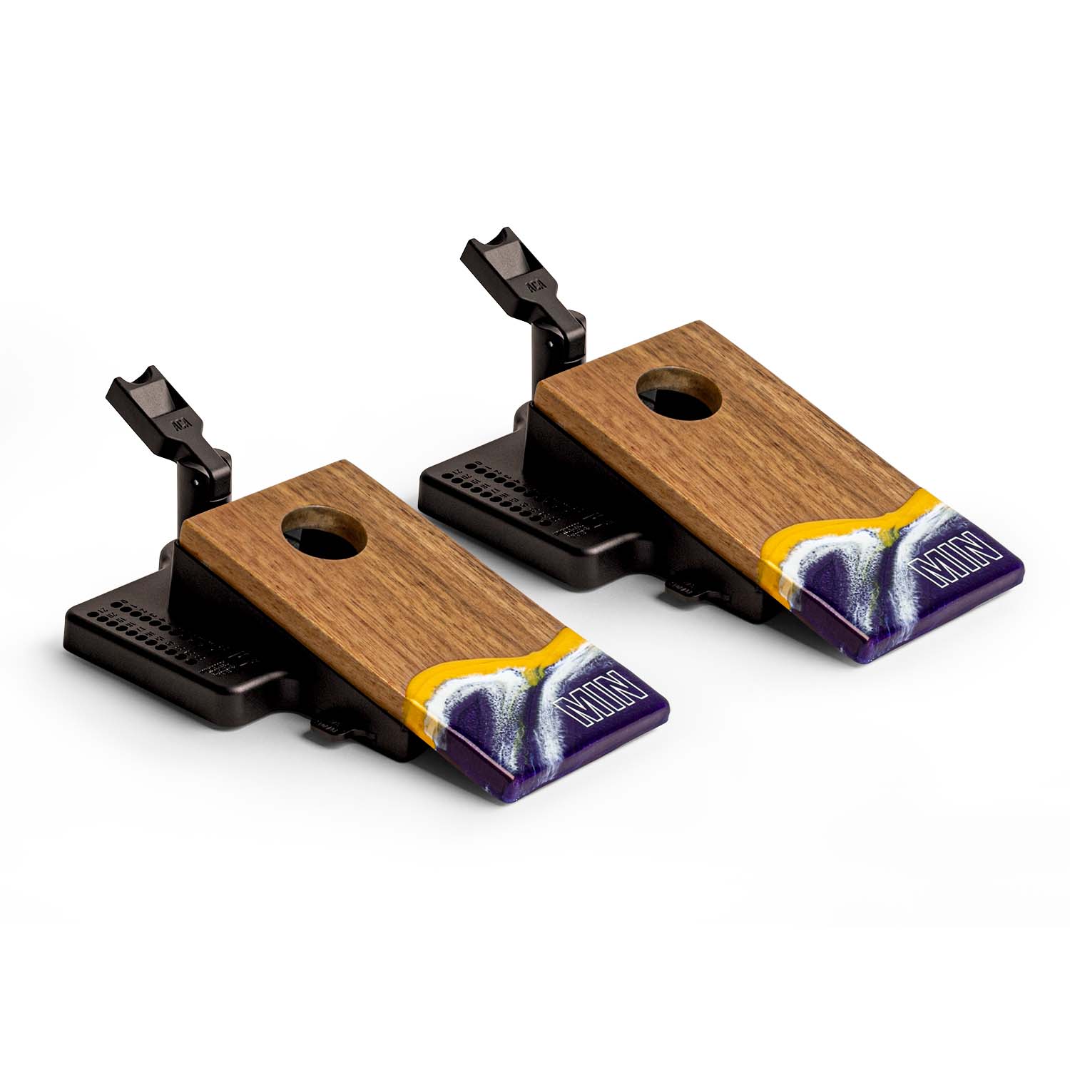 Two wooden with black plastic bases on a white background