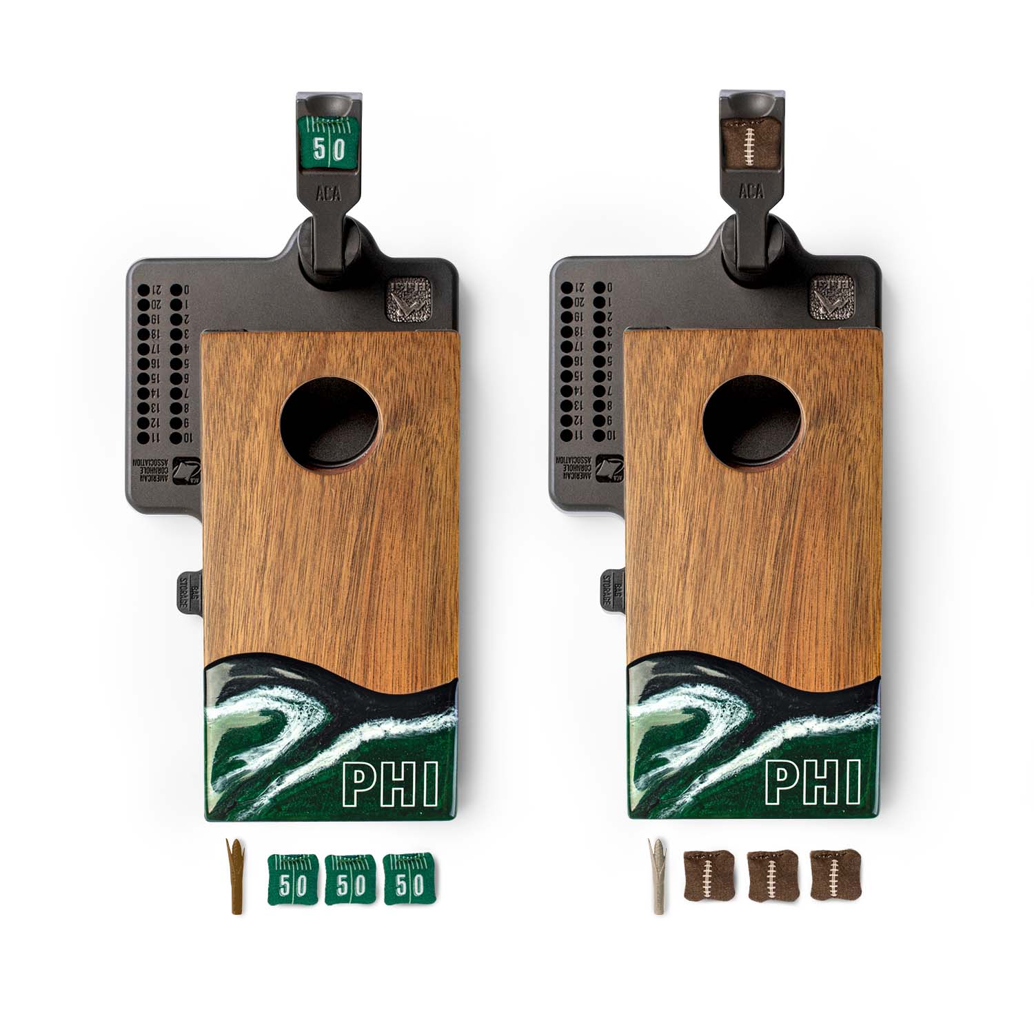 Two wooden cornhole boards with black stands and green and white design, featuring the brand 'PHI'.