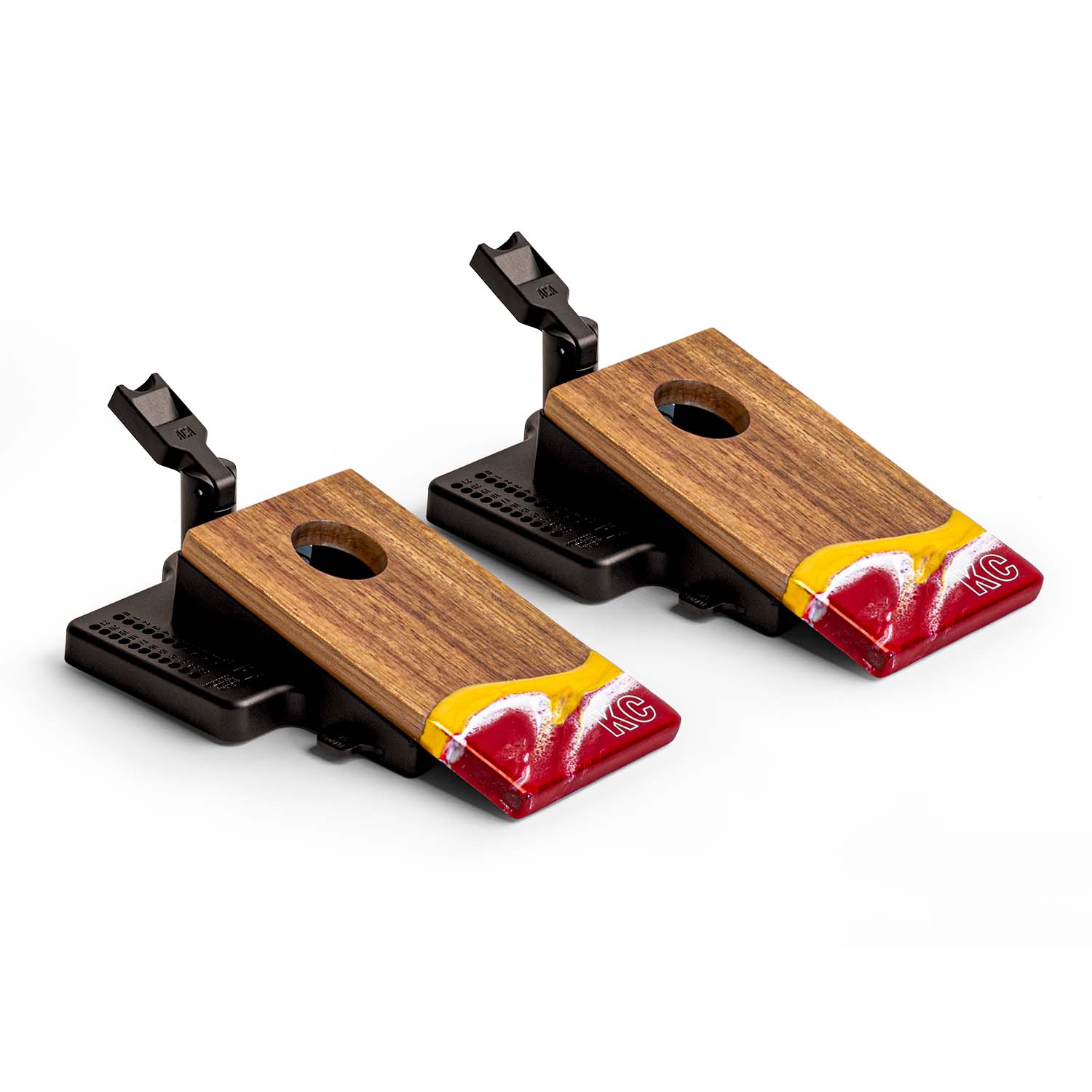 Two wooden archery bow sights with black metal components on a white background