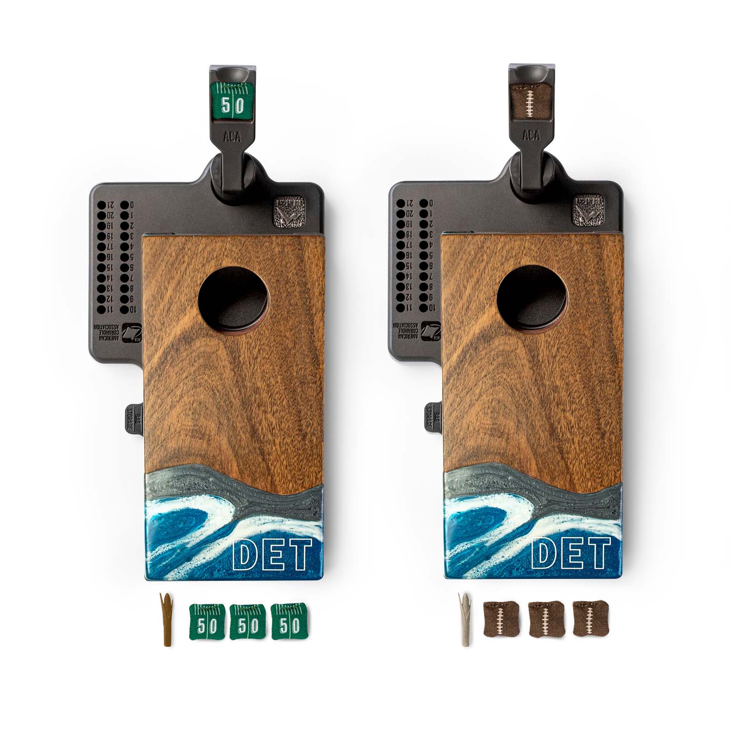 Two wooden electronic components with black metal parts on a white background
