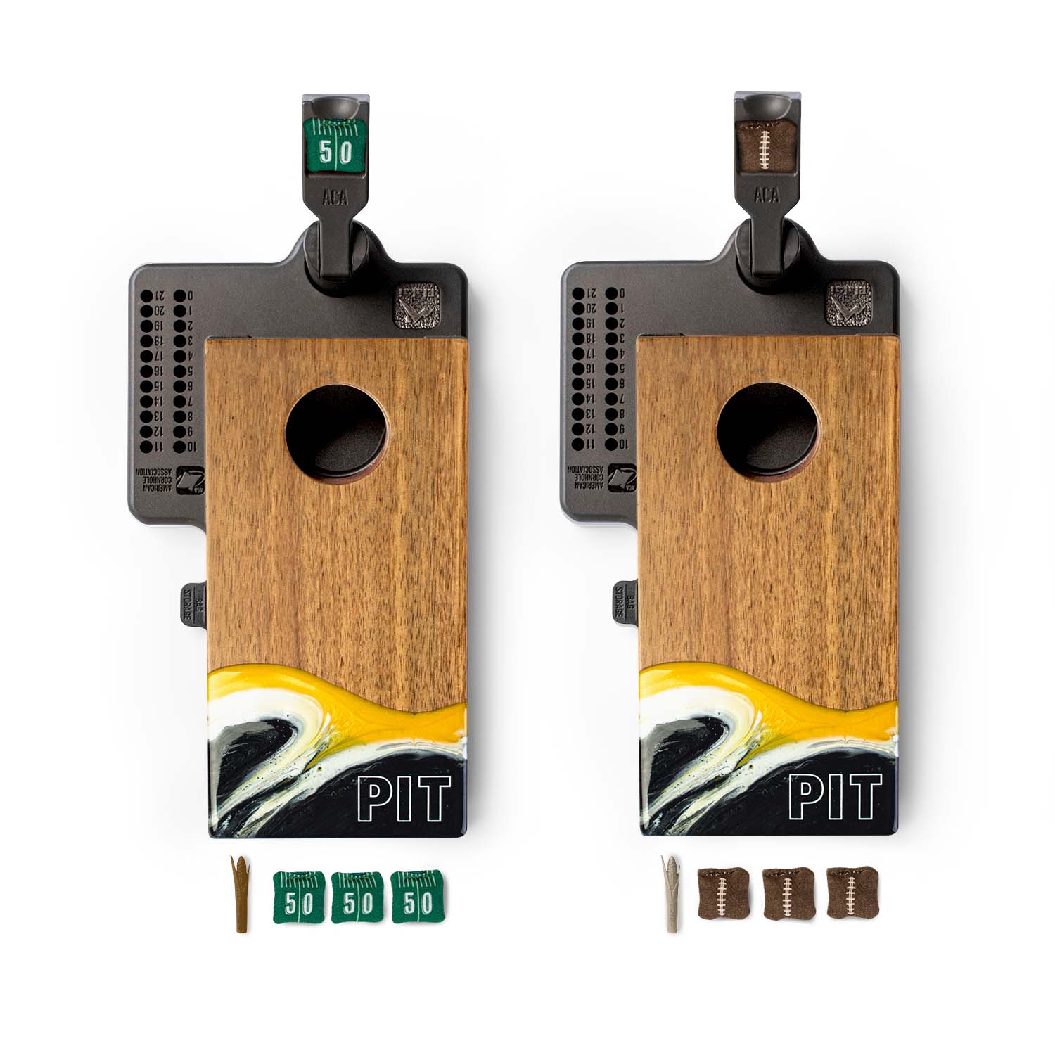 Two wooden cornhole boards with black stands and game pieces on a white background