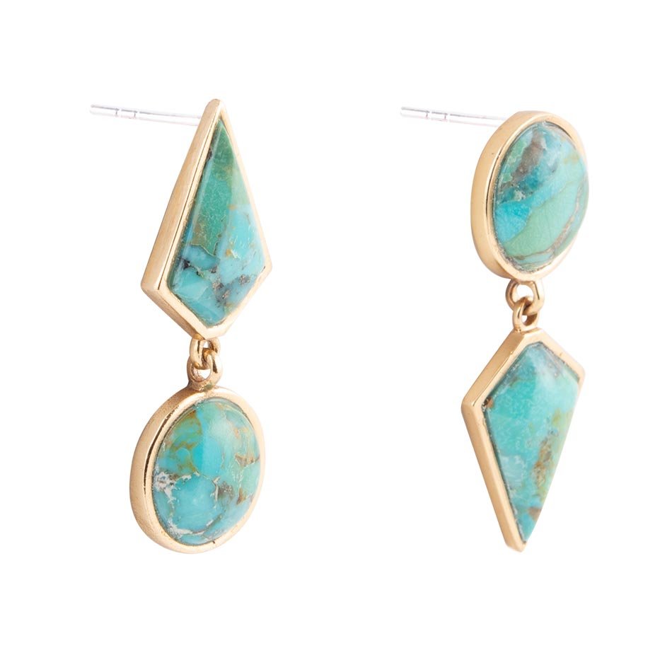 Turquoise stone earrings with gold accents on a white background