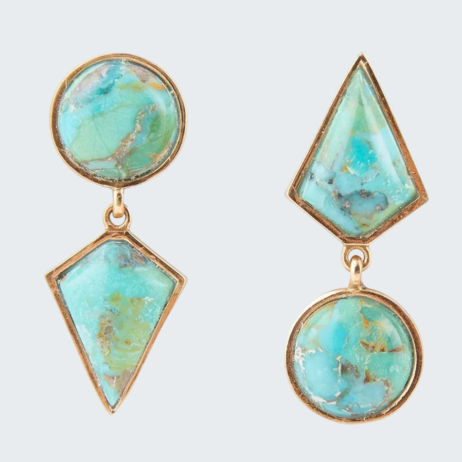 Turquoise gemstone earrings with gold accents on a white background