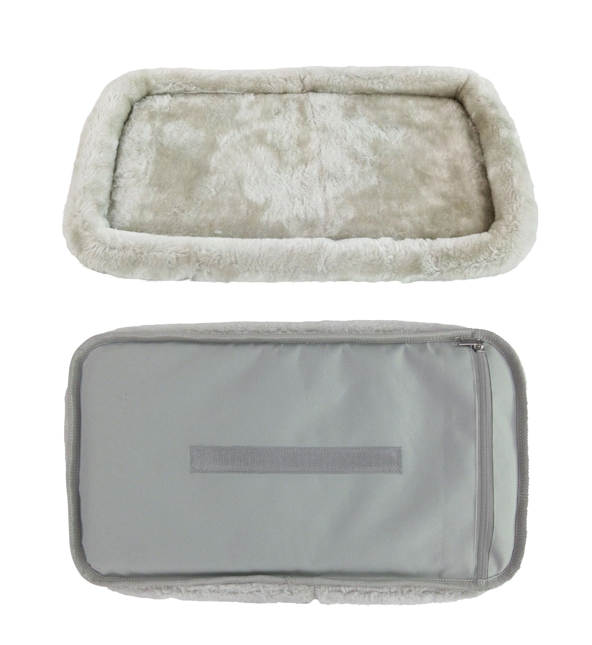 Gray pet bed with fur on top and a matching gray case on a white background