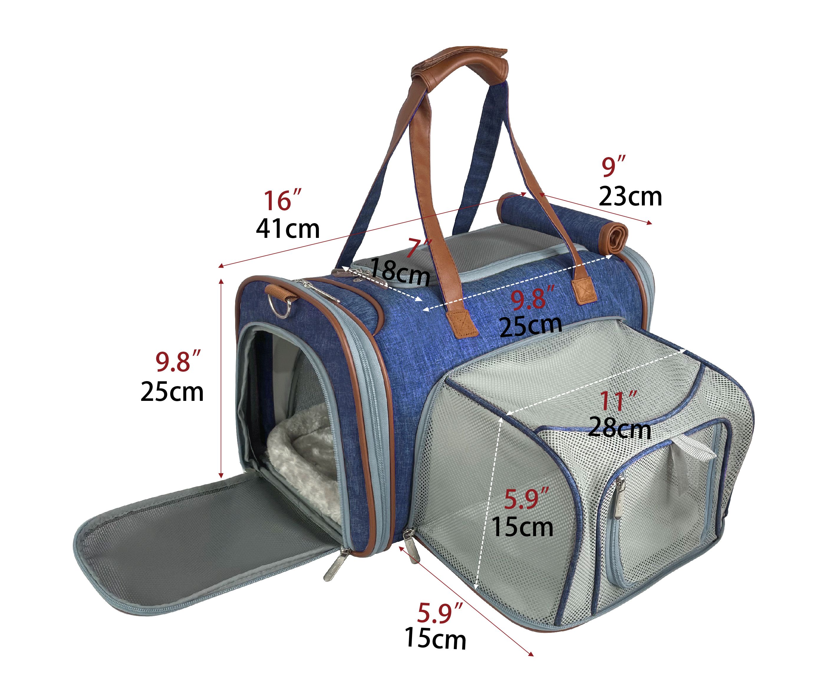 Pet carrier with dimensions labeled on a white background