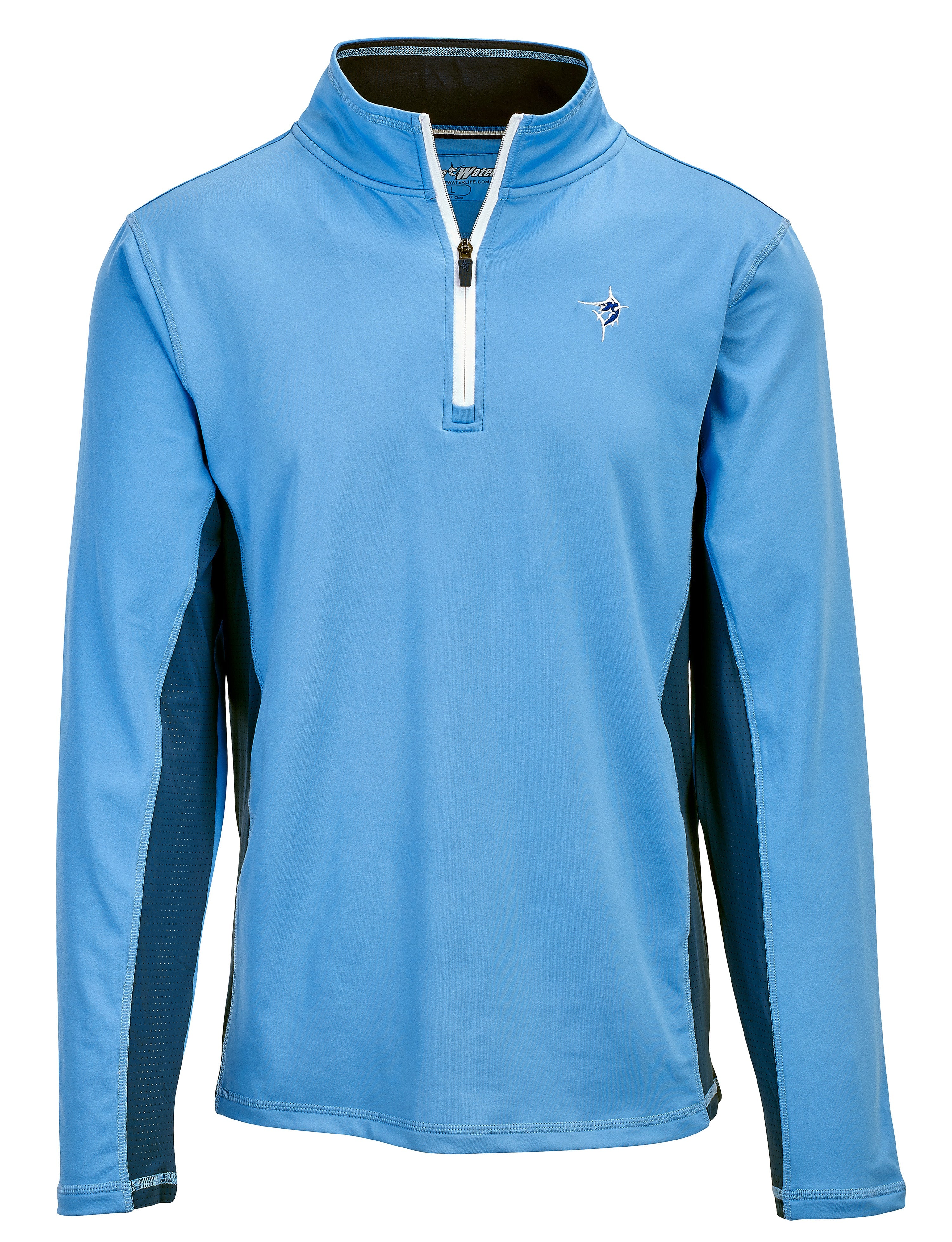 Blue long-sleeve pullover with a quarter zip on a white background