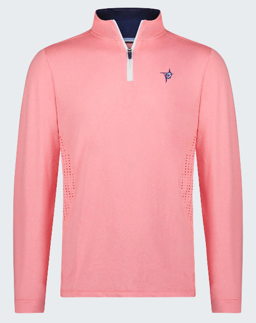 Pink long-sleeve shirt with a small logo on a white background