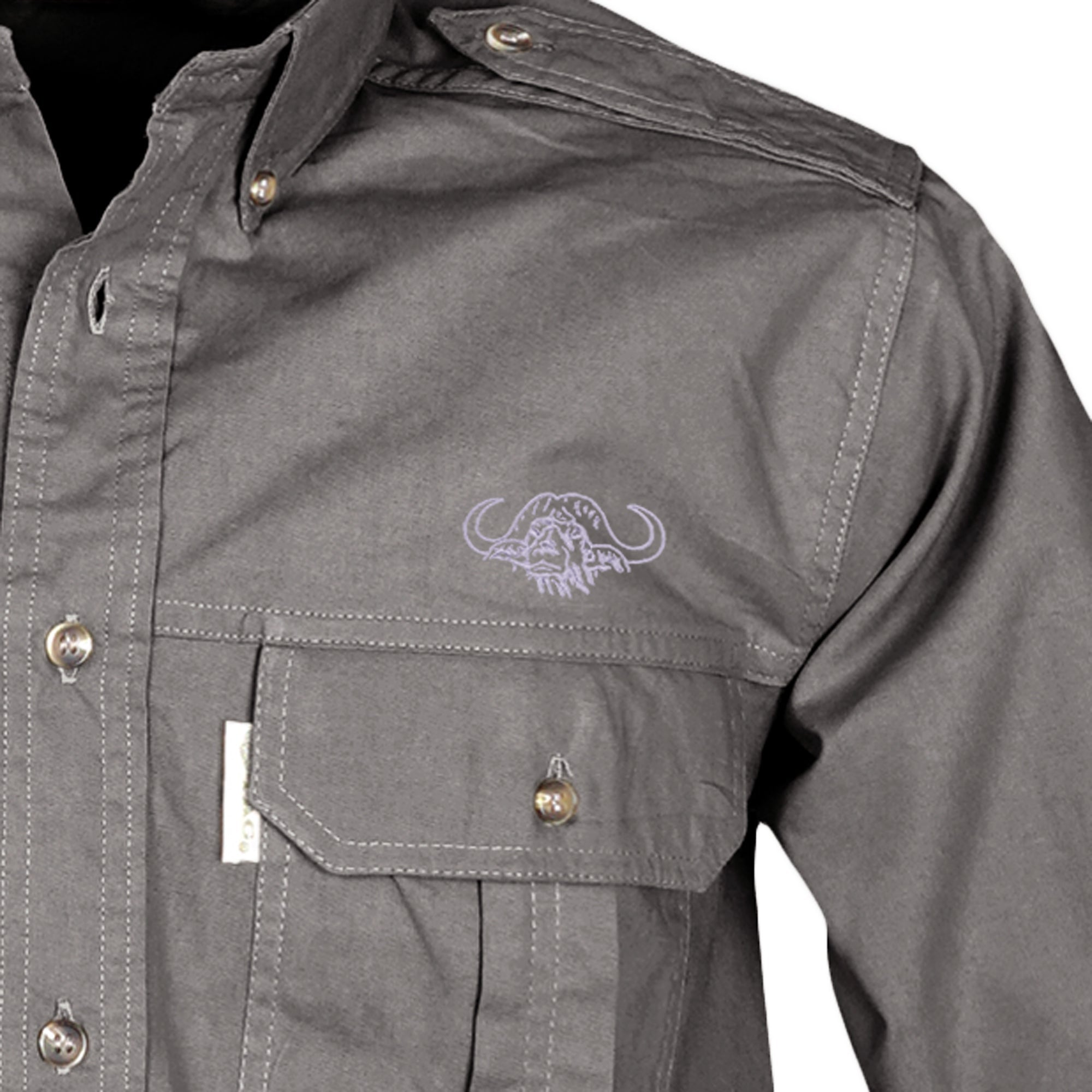 Gray shirt with a logo on the chest pocket against a white background