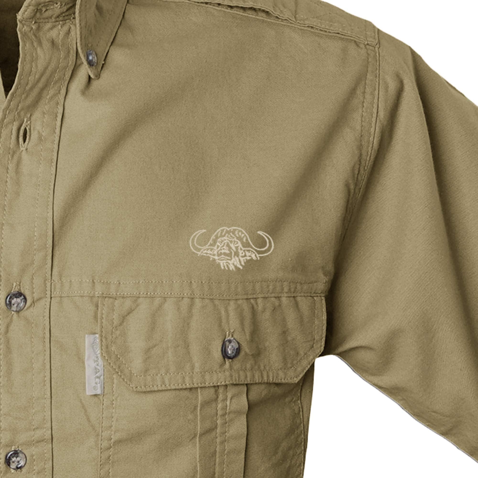 Close-up of a brown jacket with a logo on a white background