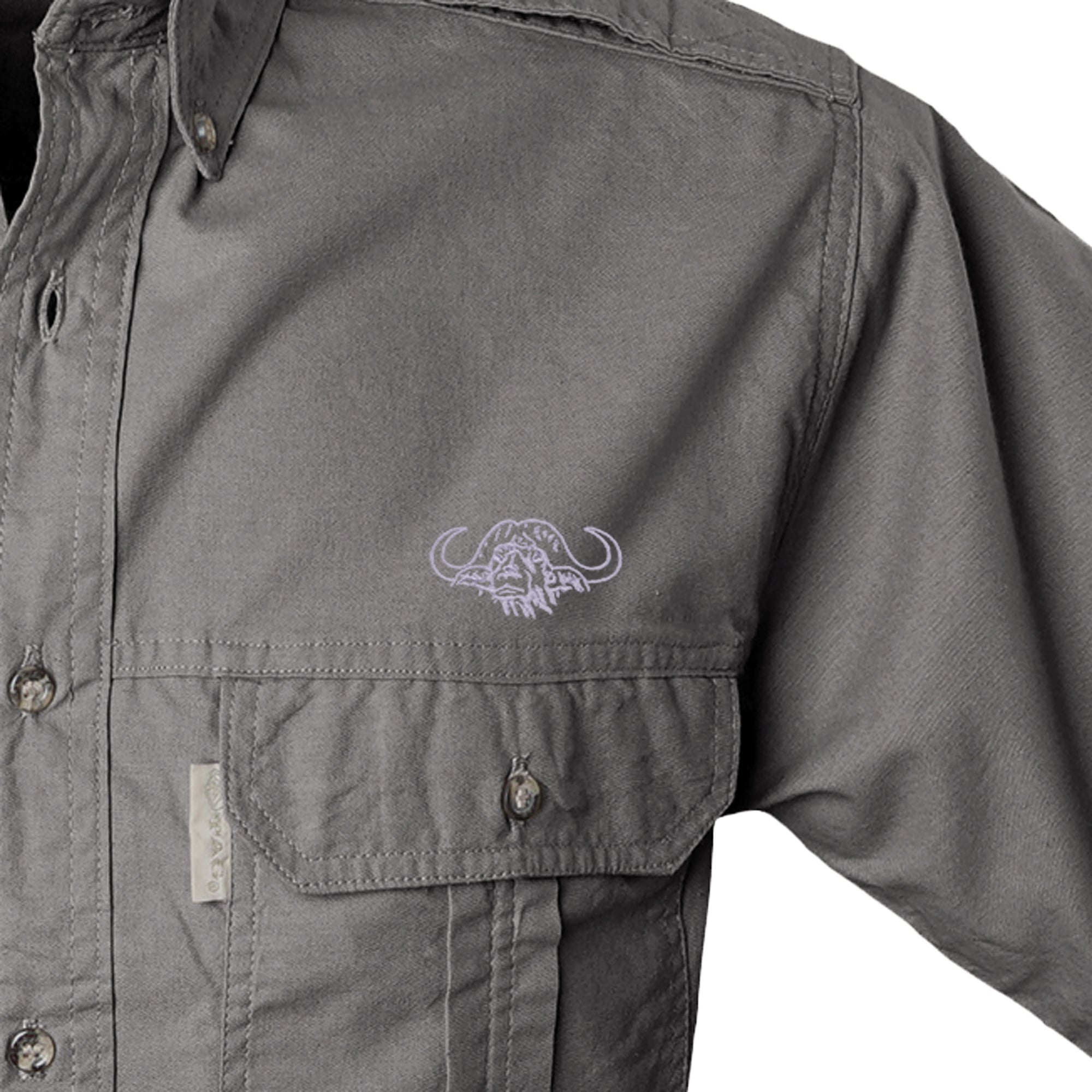 Gray shirt with a logo on the chest pocket against a white background