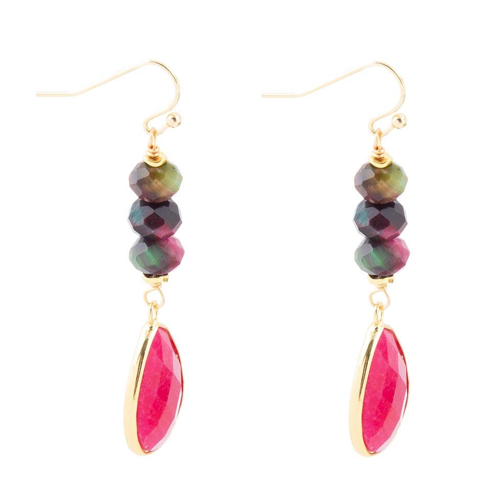 Multicolored beaded earrings with gold hooks on a white background