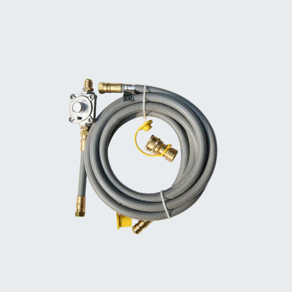 Gray hose with brass connectors on a white background