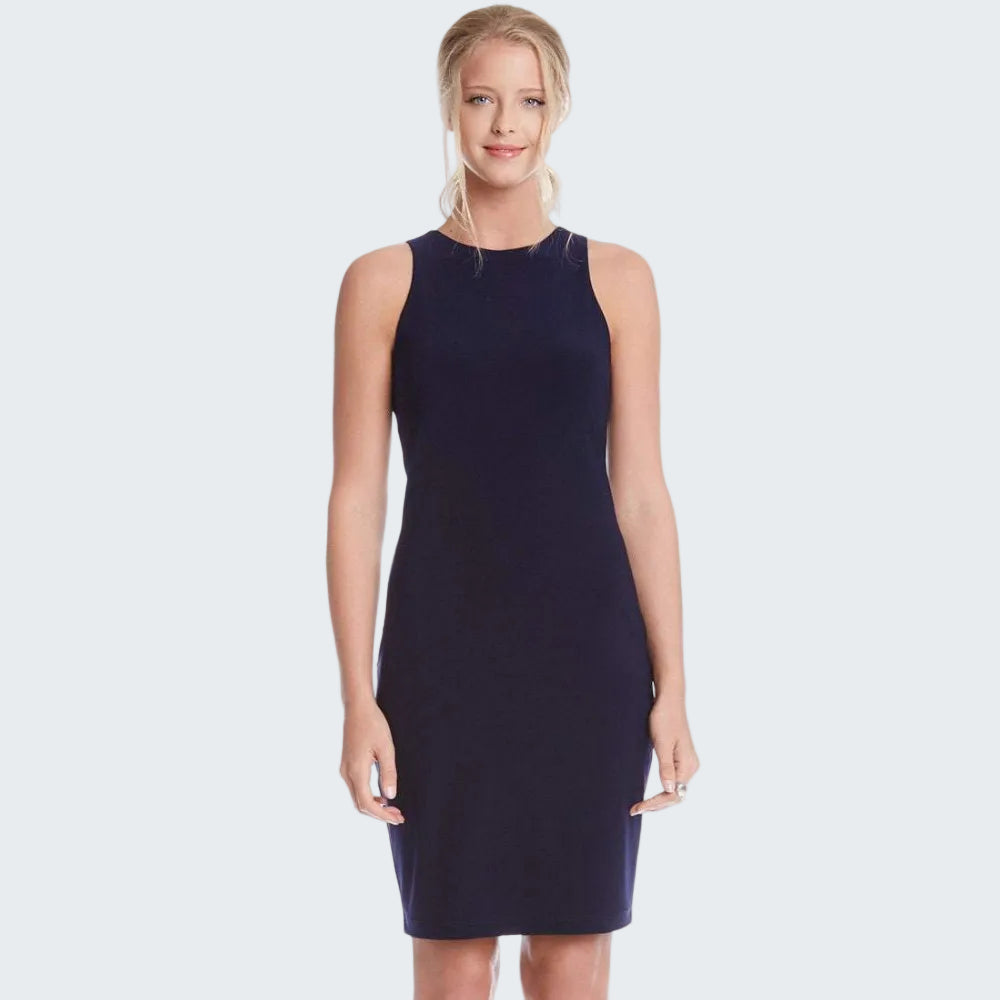 A woman modeling a sleeveless, bodycon mini dress in solid navy blue against a plain white background.