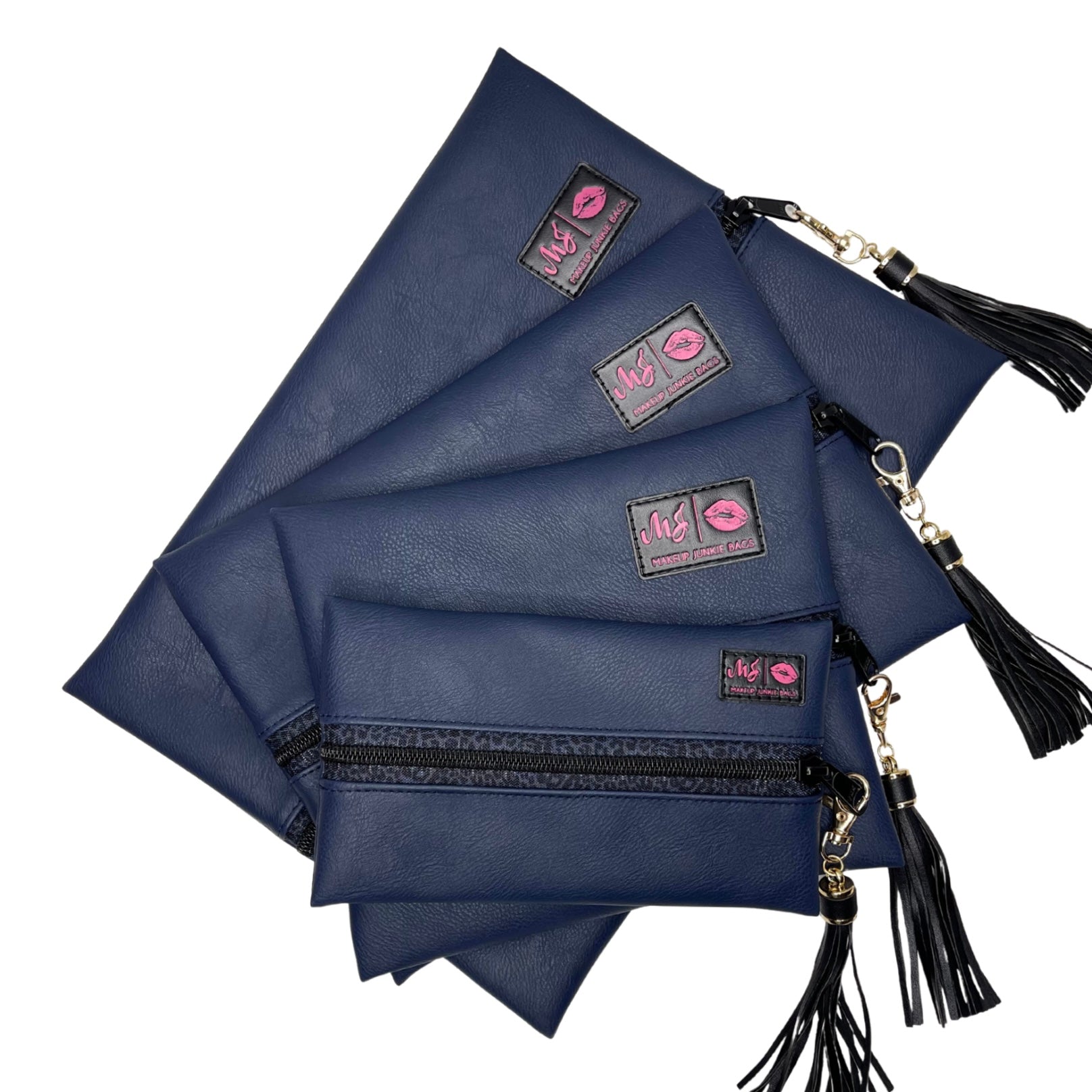 Set of blue pouches with tassels and visible brand logo on a white background