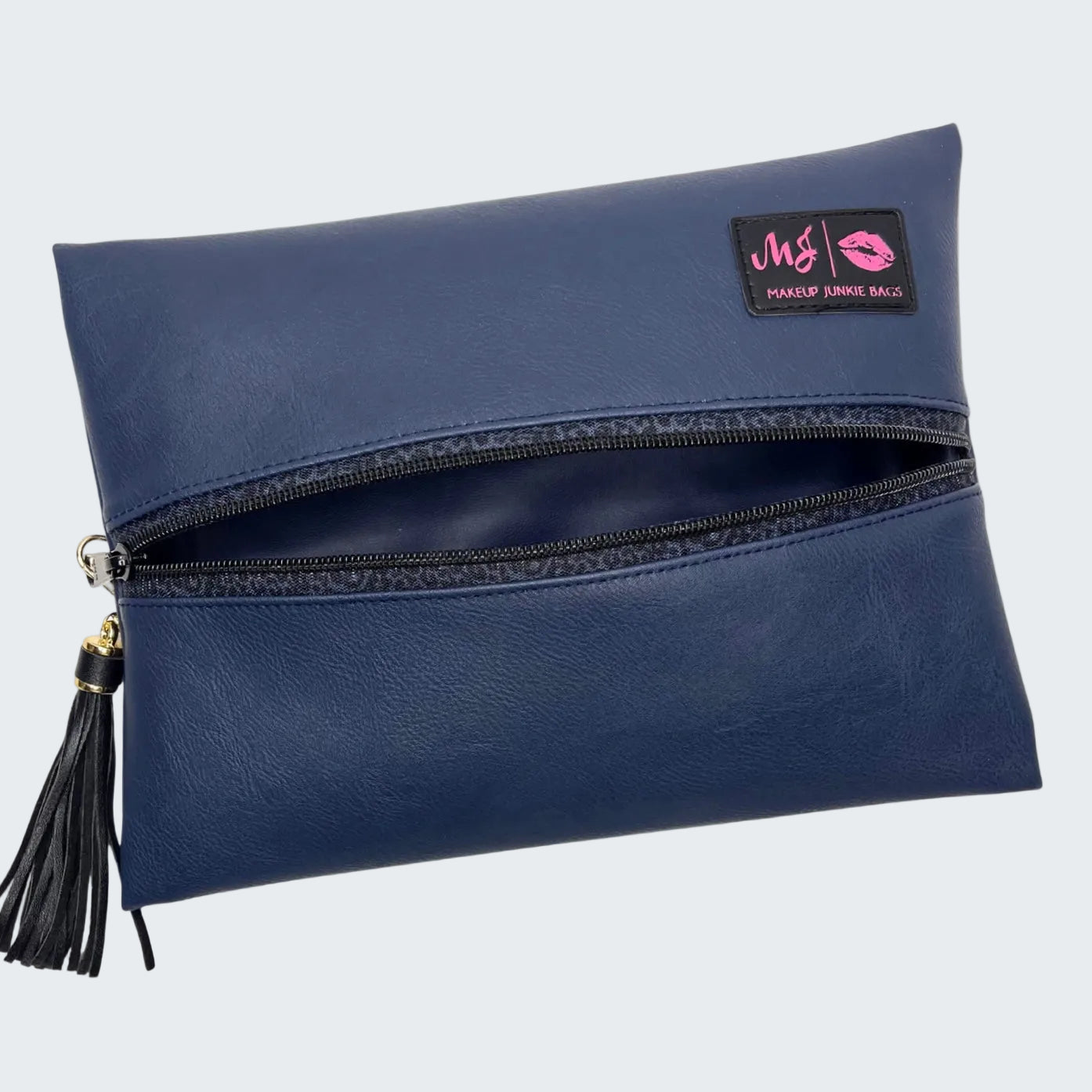 Blue makeup bag with a brand logo on a white background