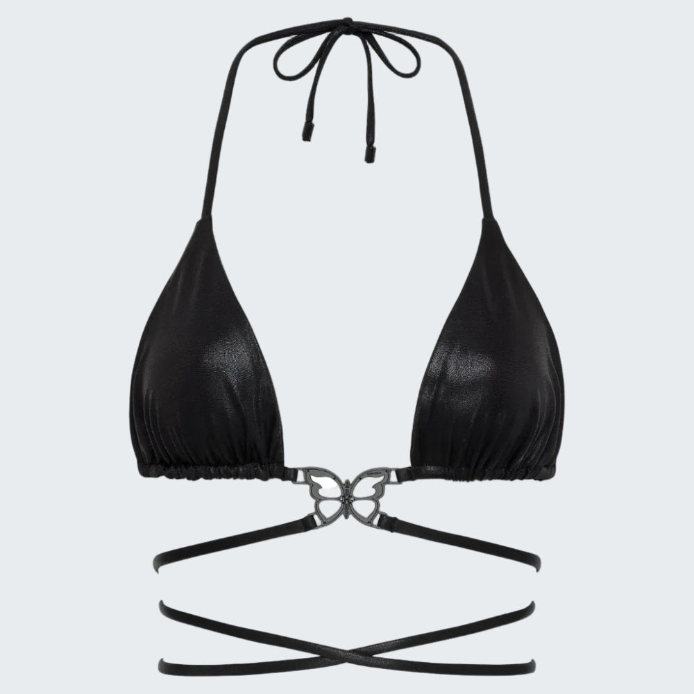 Black bikini top with a unique design on a white background