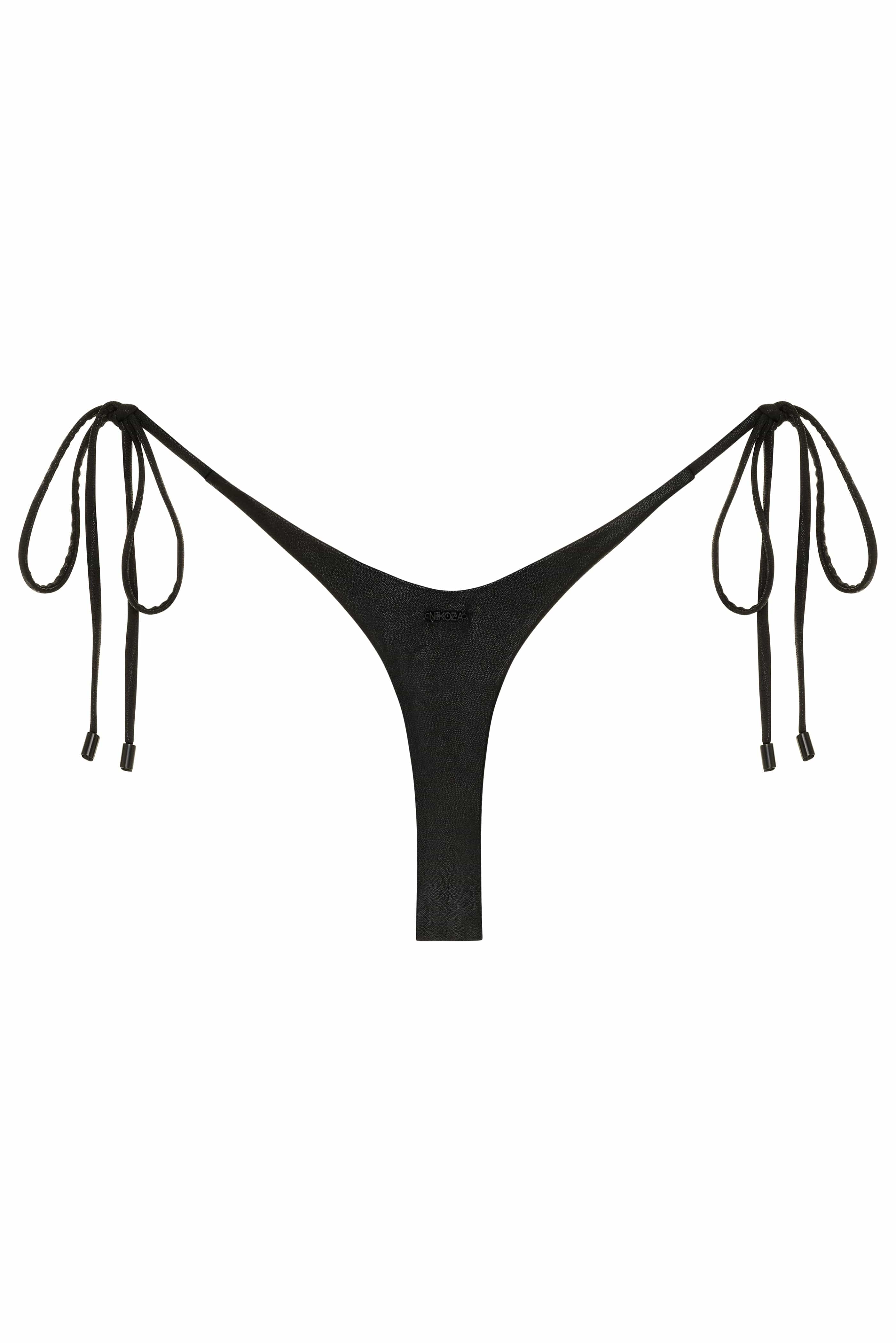 Black bikini bottom with tie sides on a white background