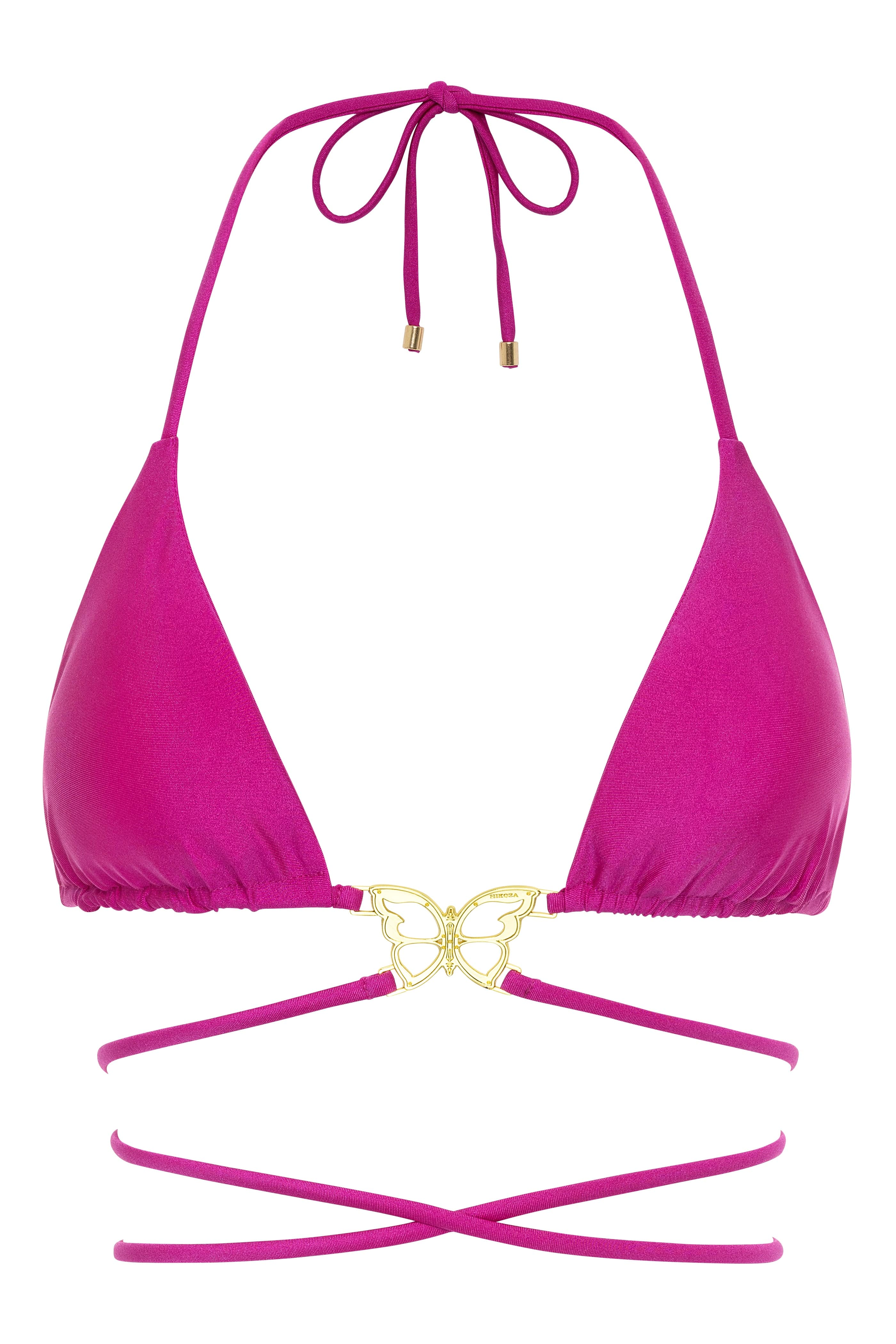 Pink bikini top with gold butterfly detail on a white background