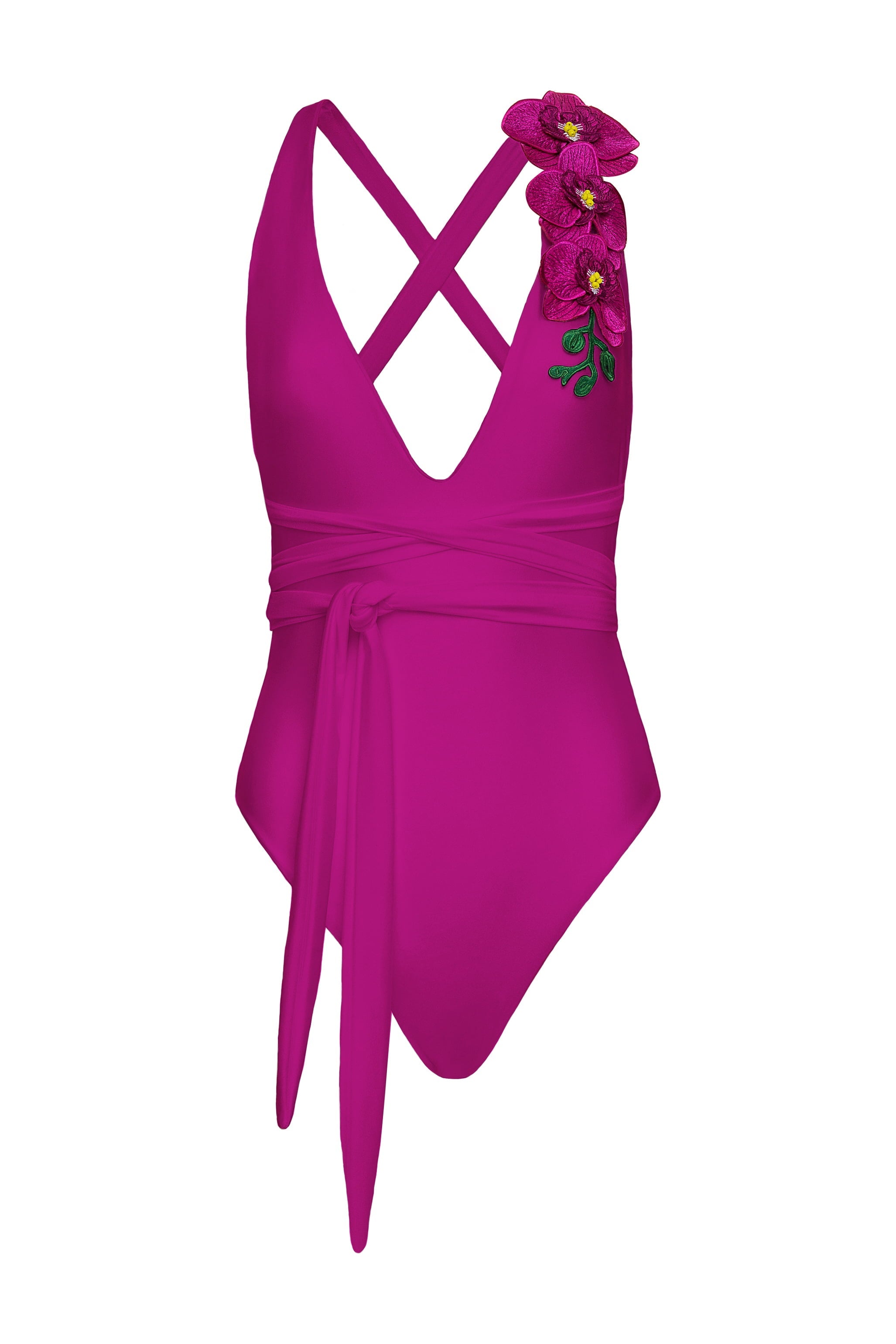 Pink swimsuit with floral details on a white background