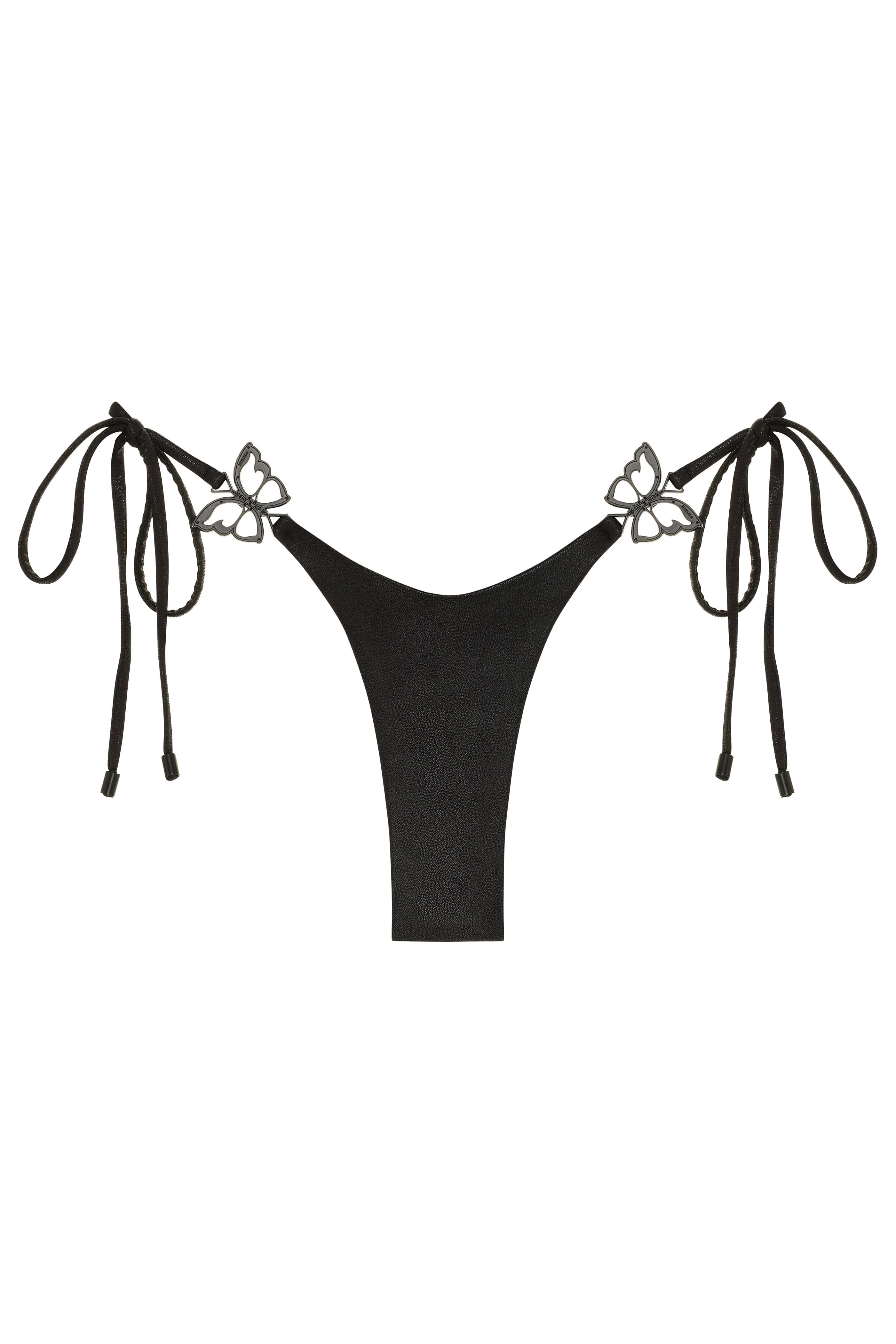 Black bikini top with butterfly details on a white background