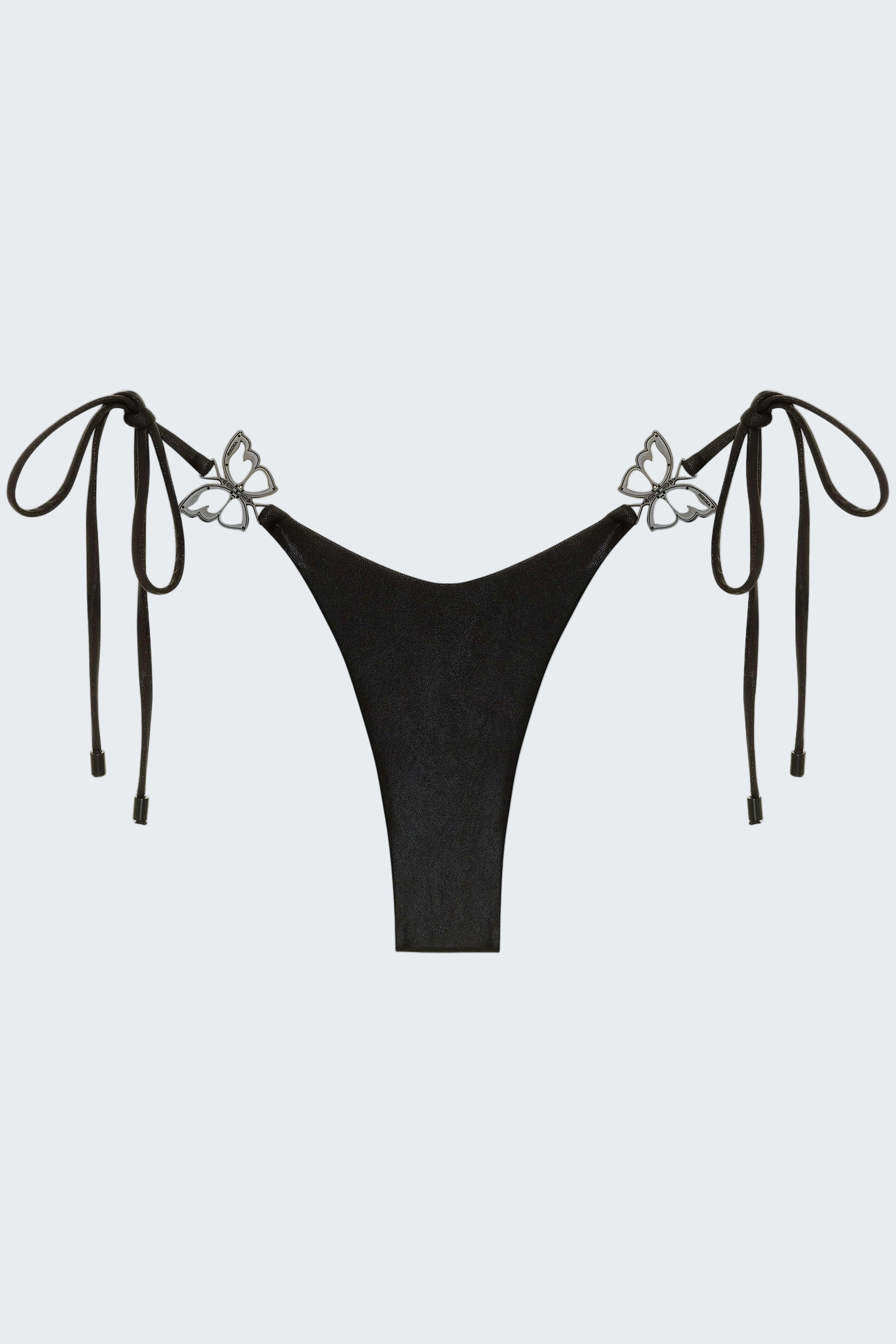 Black bikini top with butterfly details on a white background