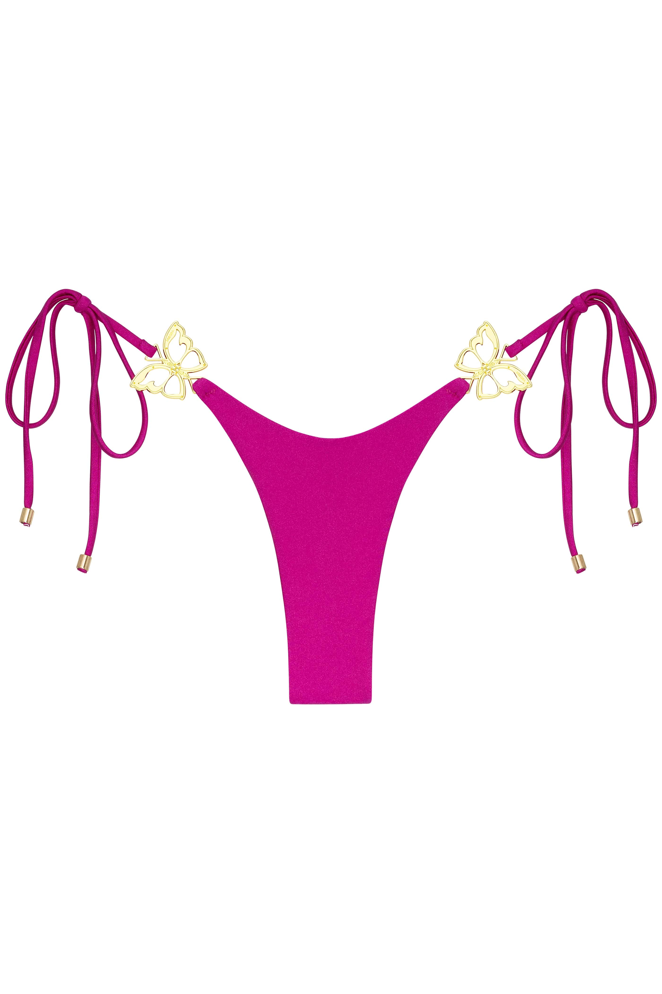 Pink bikini bottom with gold butterfly accents on a white background