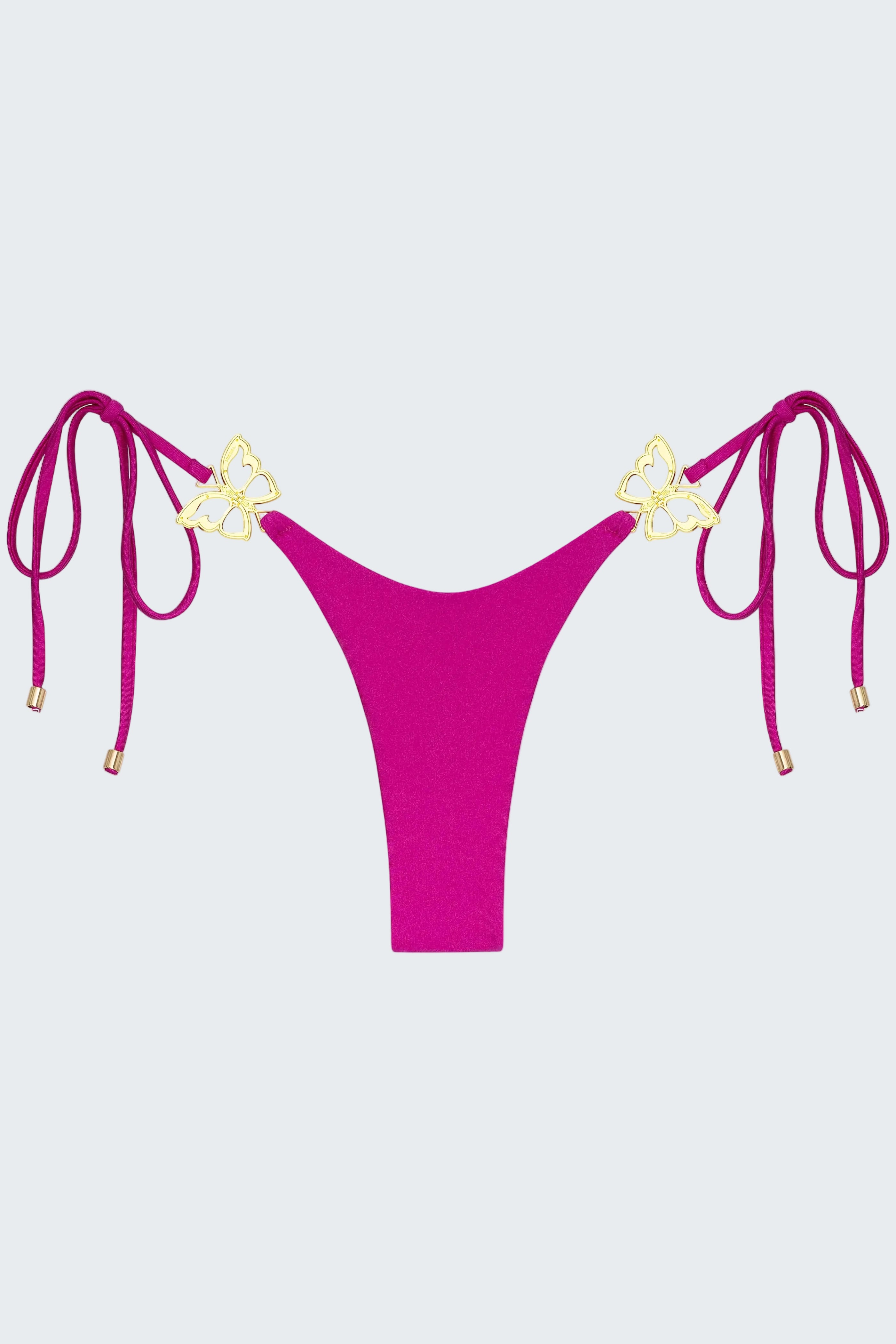 Pink bikini bottom with gold butterfly accents on a white background