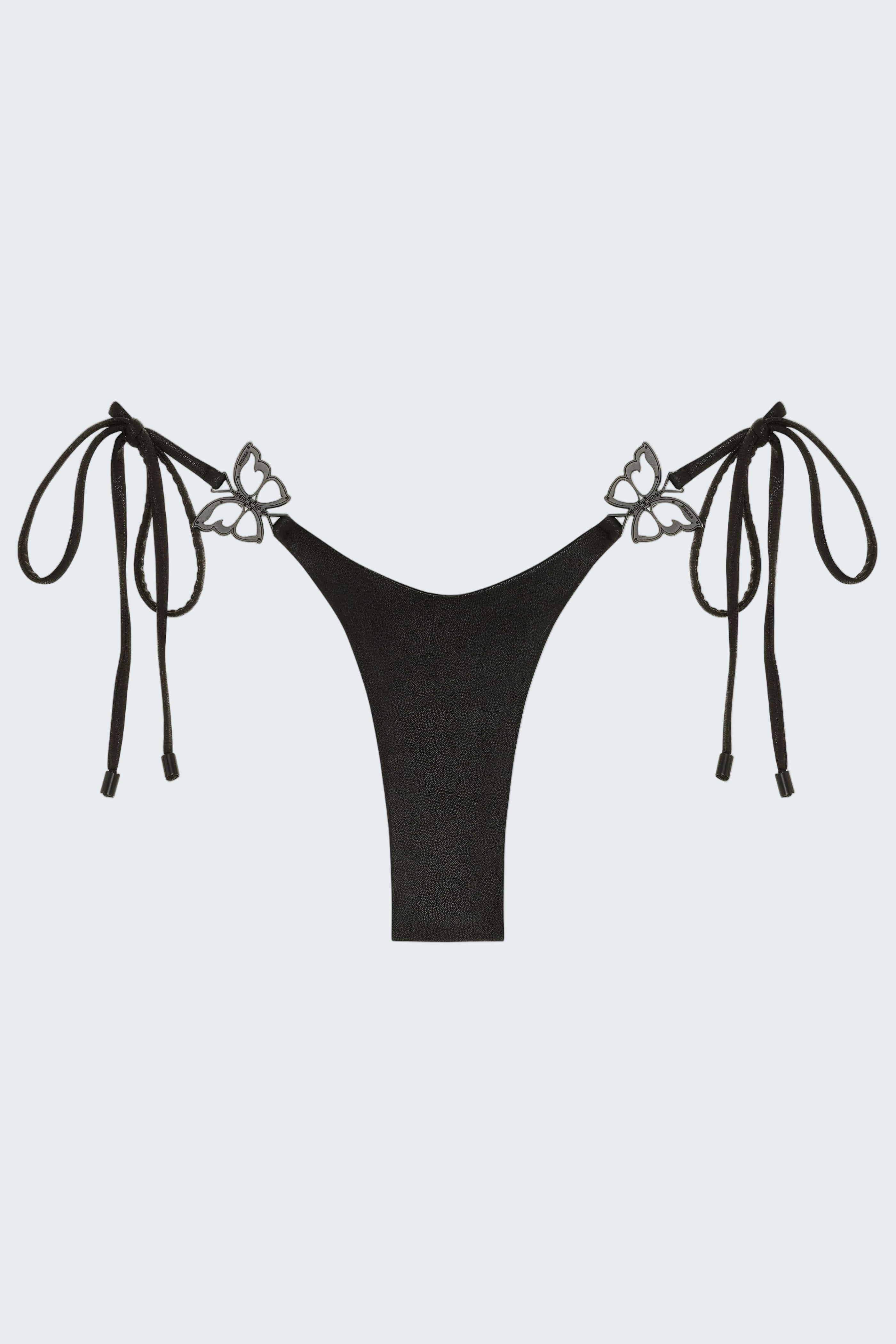 Black bikini top with butterfly details on a white background