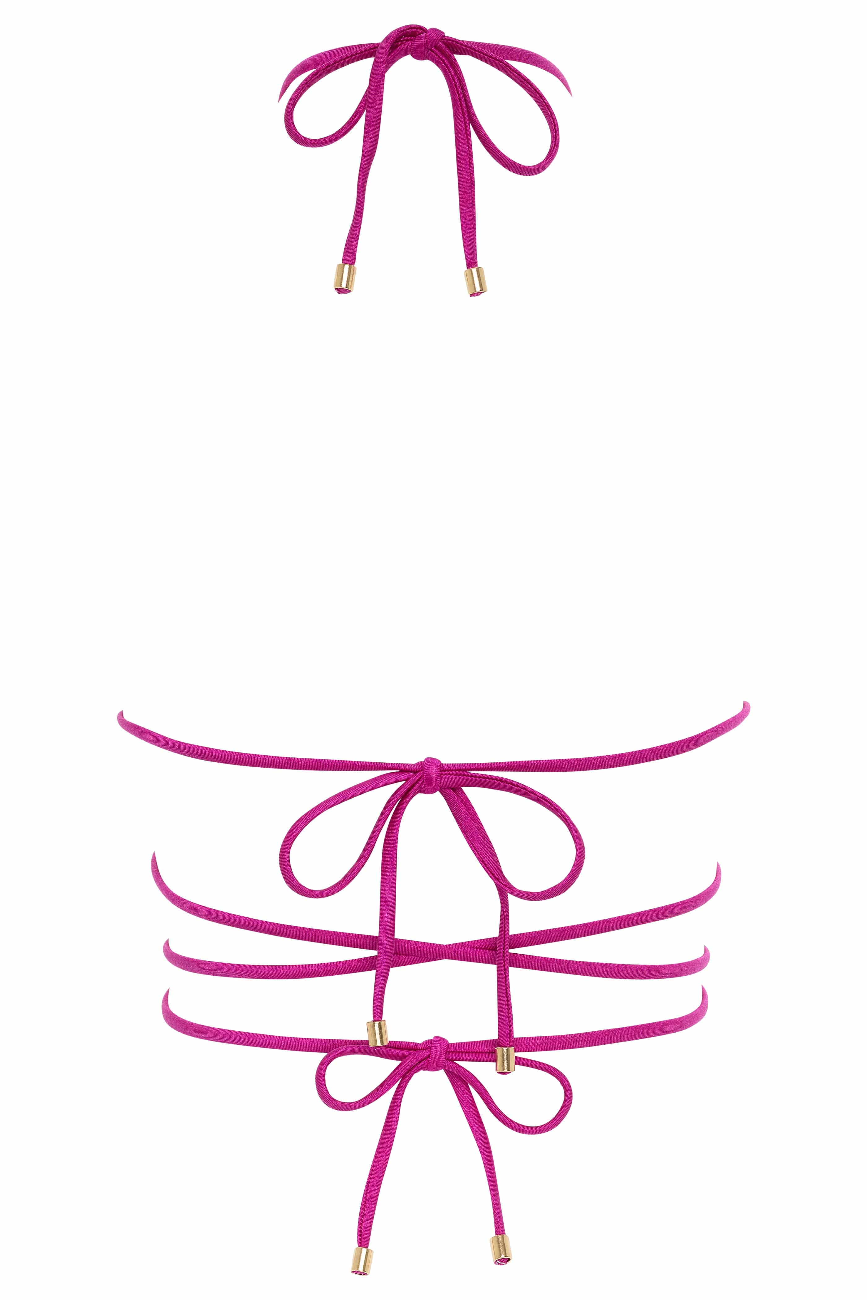 Pink lace-up top with gold accents on a white background