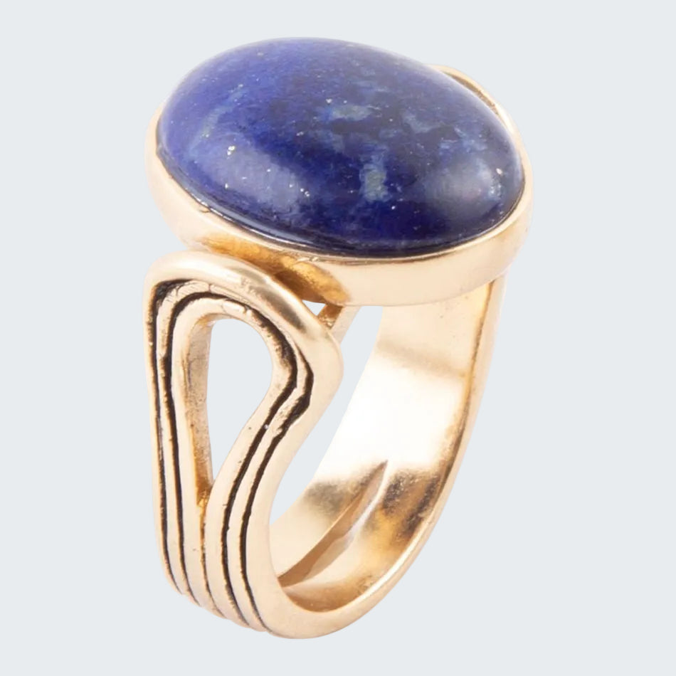 Gold ring with a blue stone on a white background