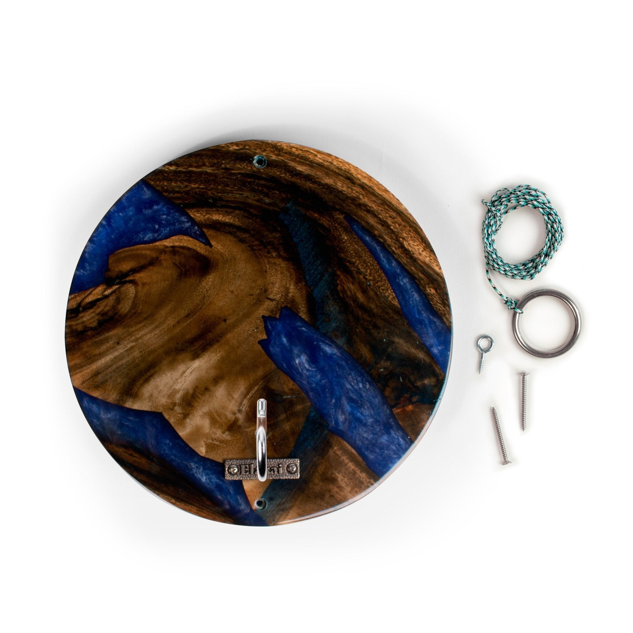 Round resin wall hook with a brown and blue wood-grain pattern, shown with mounting hardware including a metal ring, screws, and a green-and-white braided cord on a white background.