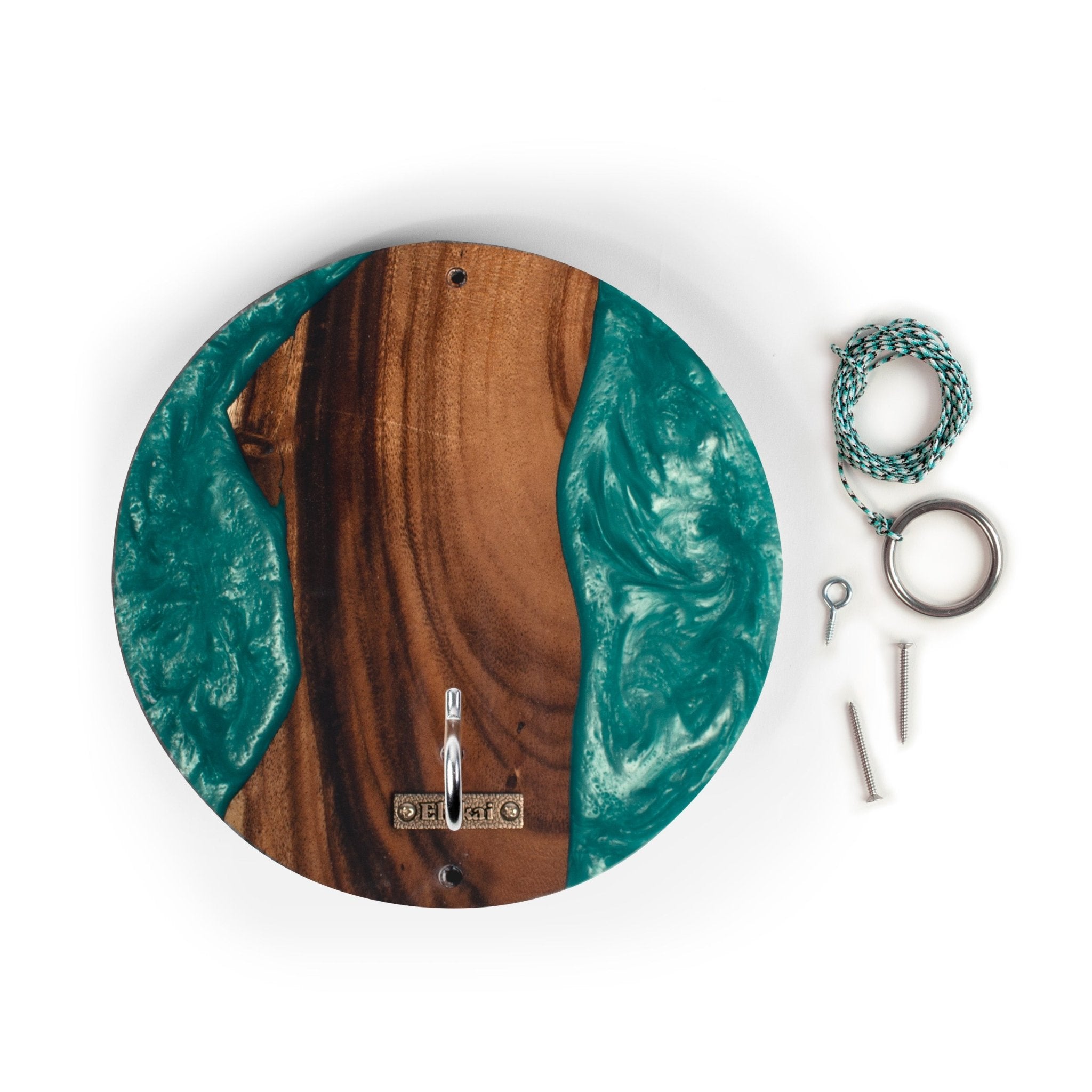 Round wall hook with a wood grain center and turquoise resin swirls, shown with mounting hardware on a white background.