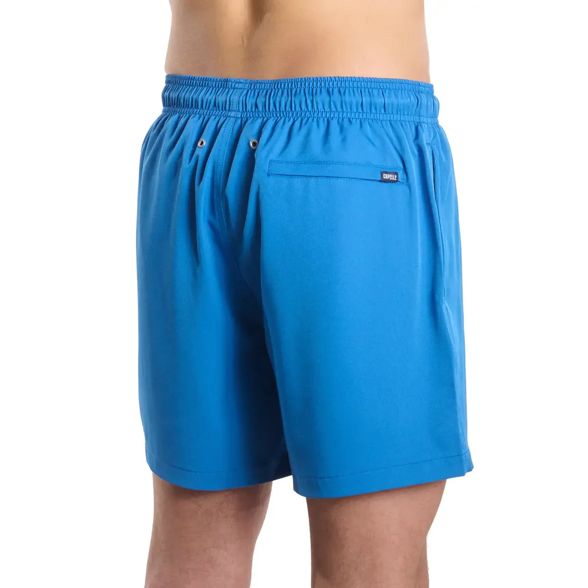 Blue swim shorts with a brand logo on a white background